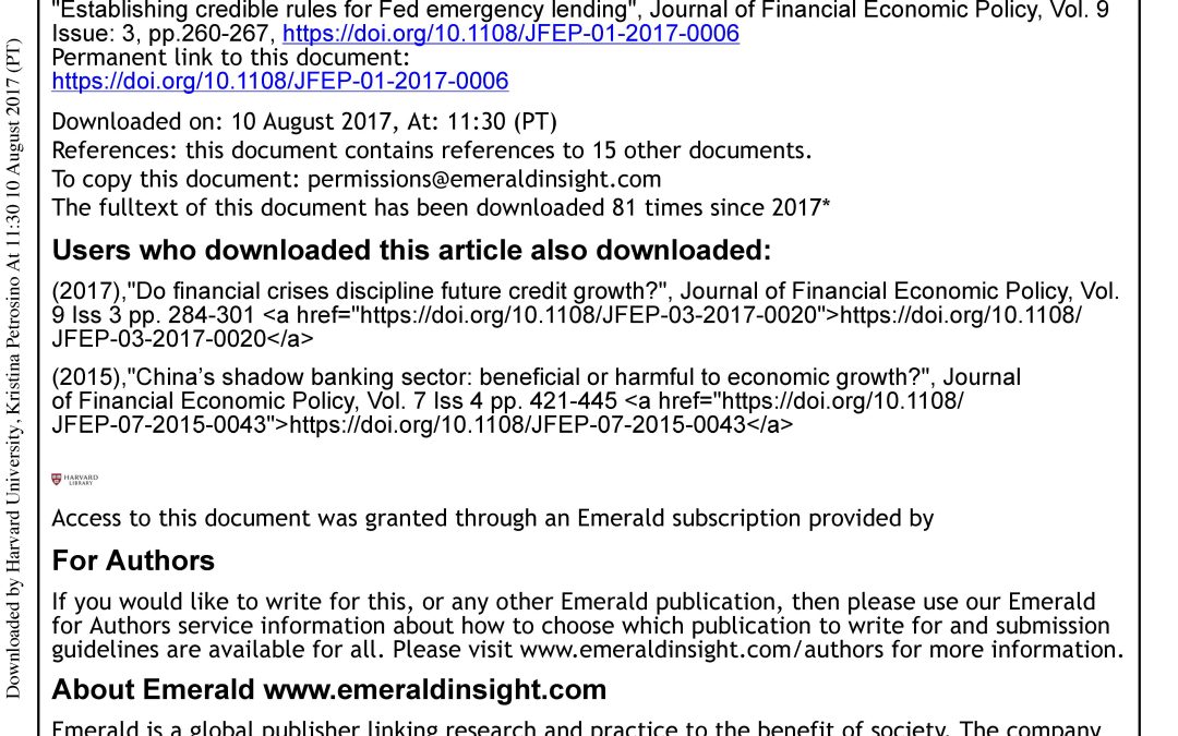 Report: Proposed Reforms to Establish Framework to Guide Emergency Lending