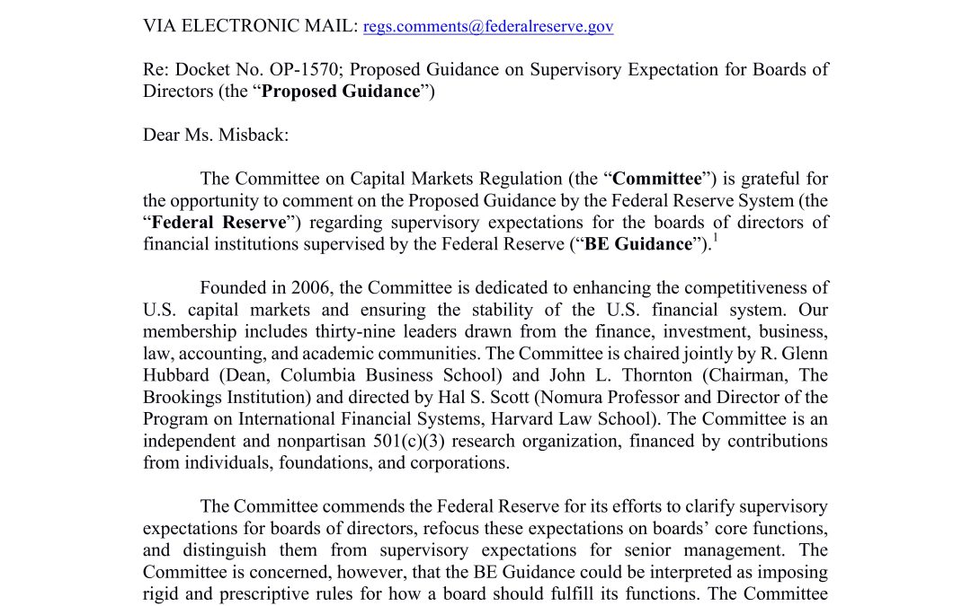 Comment Letter to Federal Reserve on Proposed Guidance on Supervisory Expectations for Boards of Directors