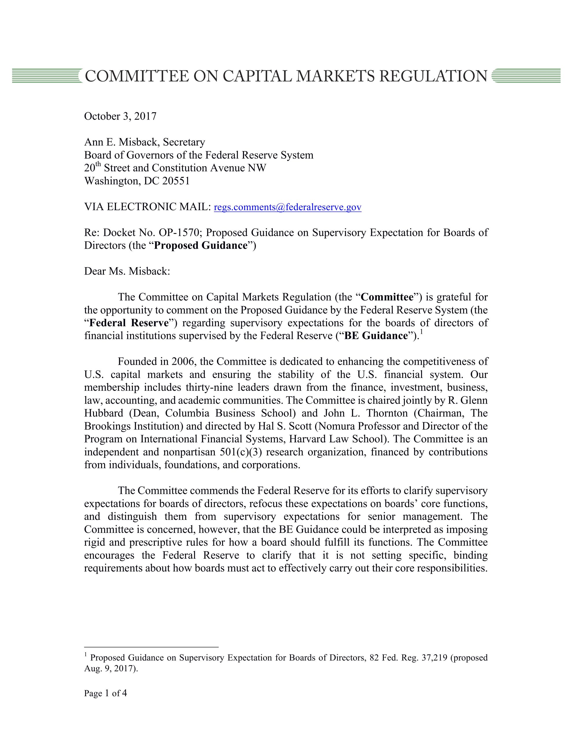 Comment Letter to Federal Reserve on Proposed Guidance on Supervisory Expectations for Boards of Directors