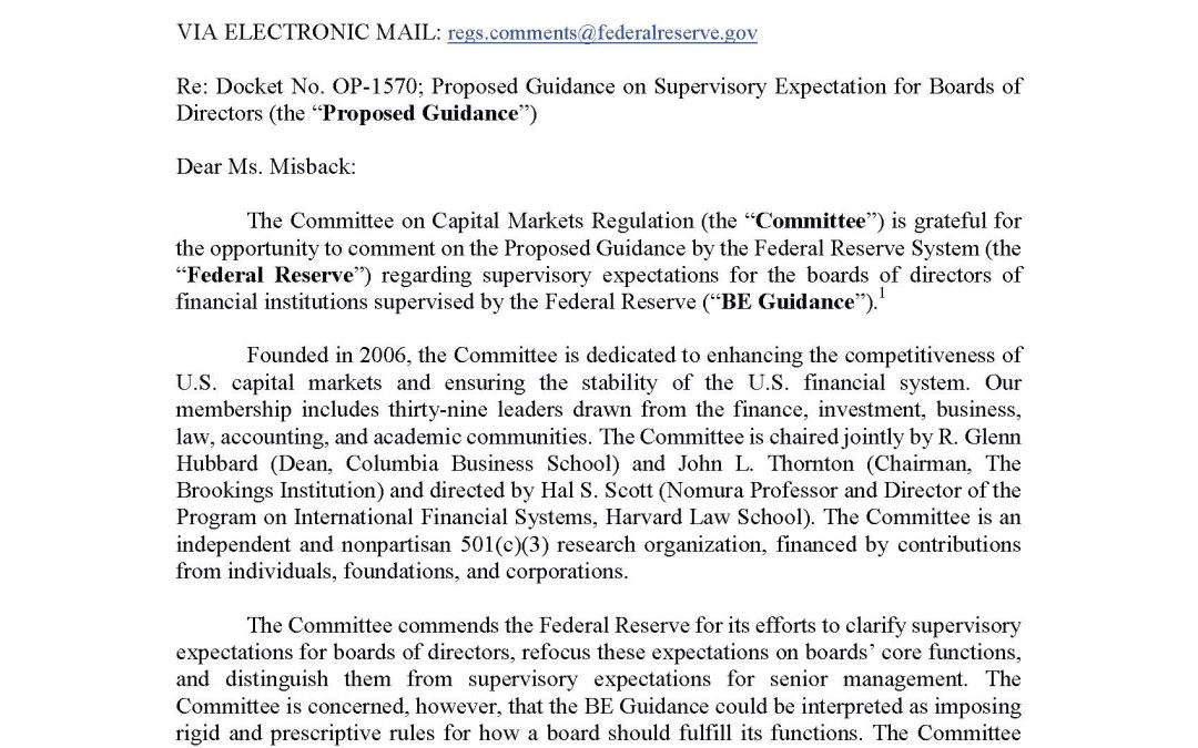 Comment Letter to Federal Reserve on Proposed Guidance on Supervisory Expectations for Boards of Directors
