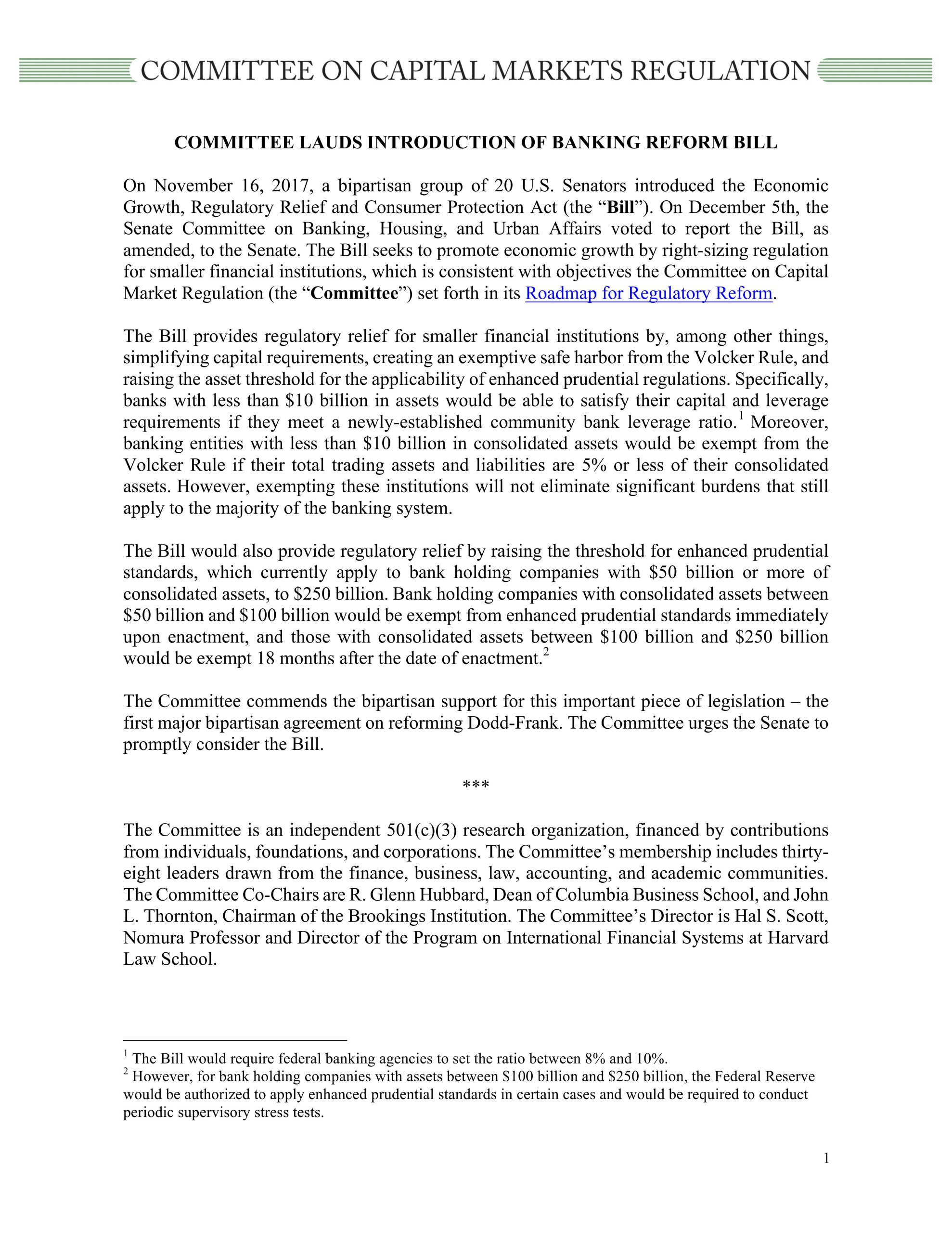 Committee Lauds Introduction of Banking Reform Bill