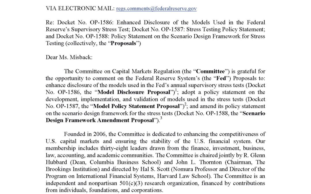 Comment Letter to the Federal Reserve on Proposals to Increase Stress Test Transparency