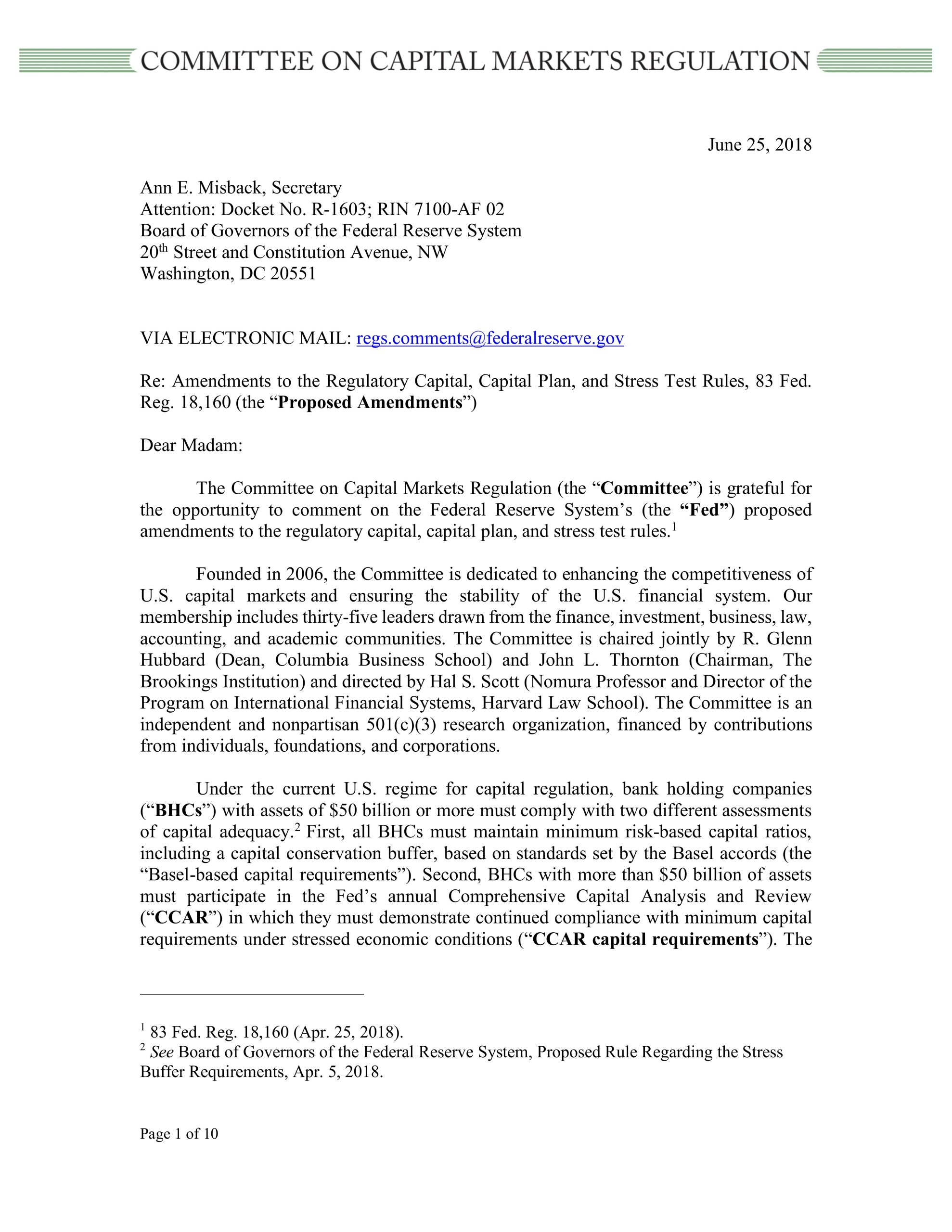 Comment Letter to the Fed on Capital Proposal