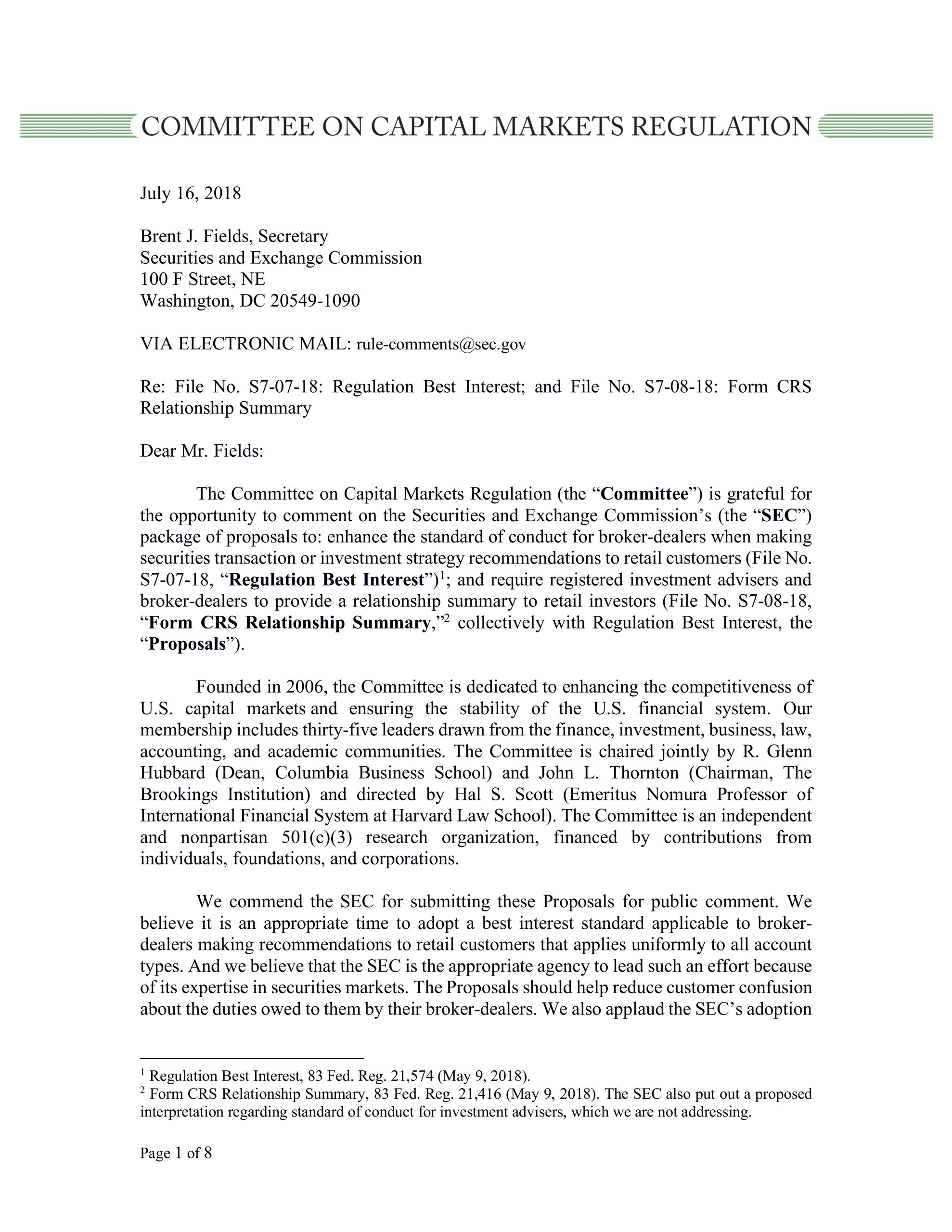 Comment Letter to the SEC on Best Interest Proposal