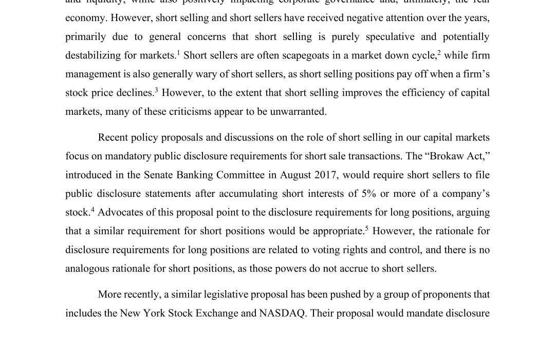 Report: Short Selling’s Positive Impact on Markets and the Consequences of Short-Sale Restrictions