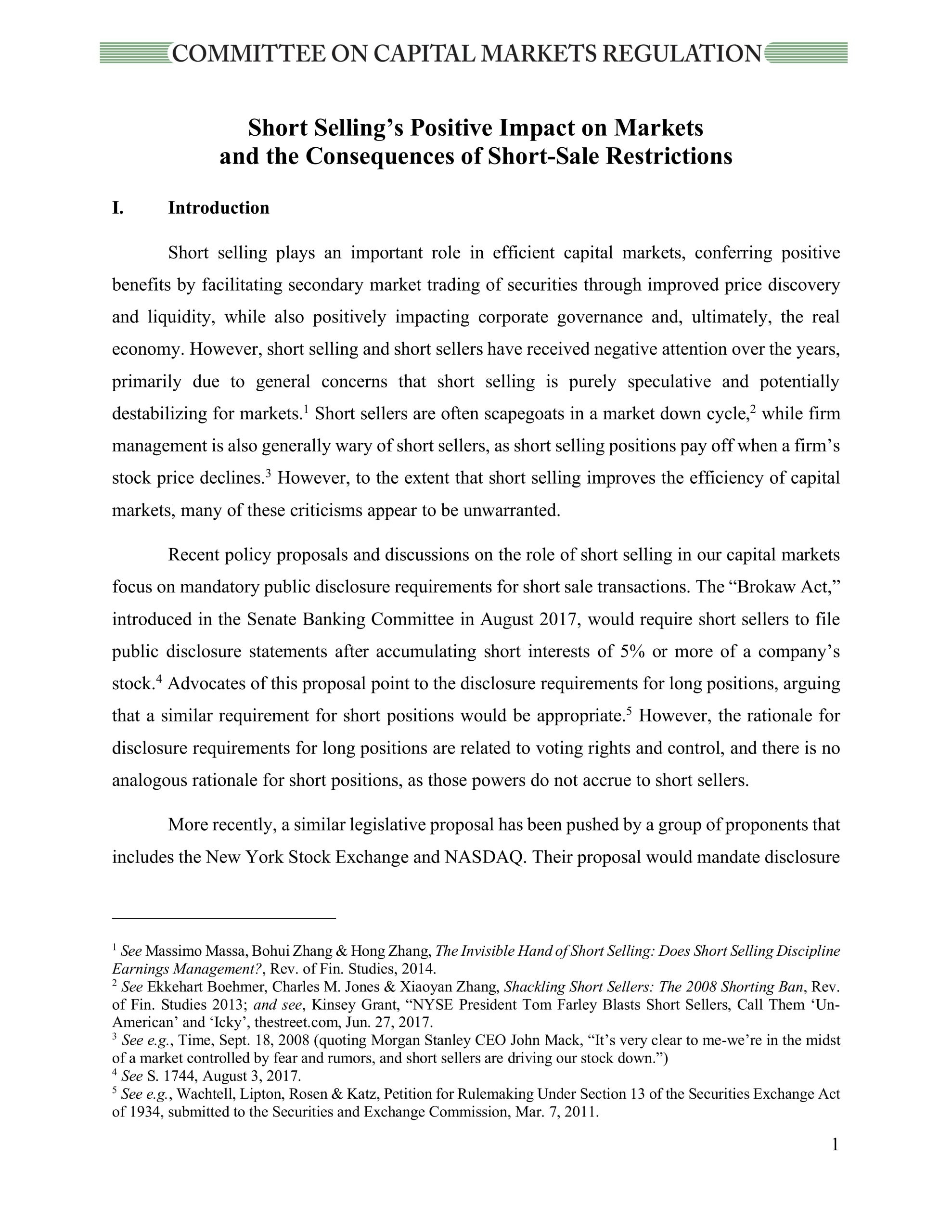 Report: Short Selling’s Positive Impact on Markets and the Consequences of Short-Sale Restrictions