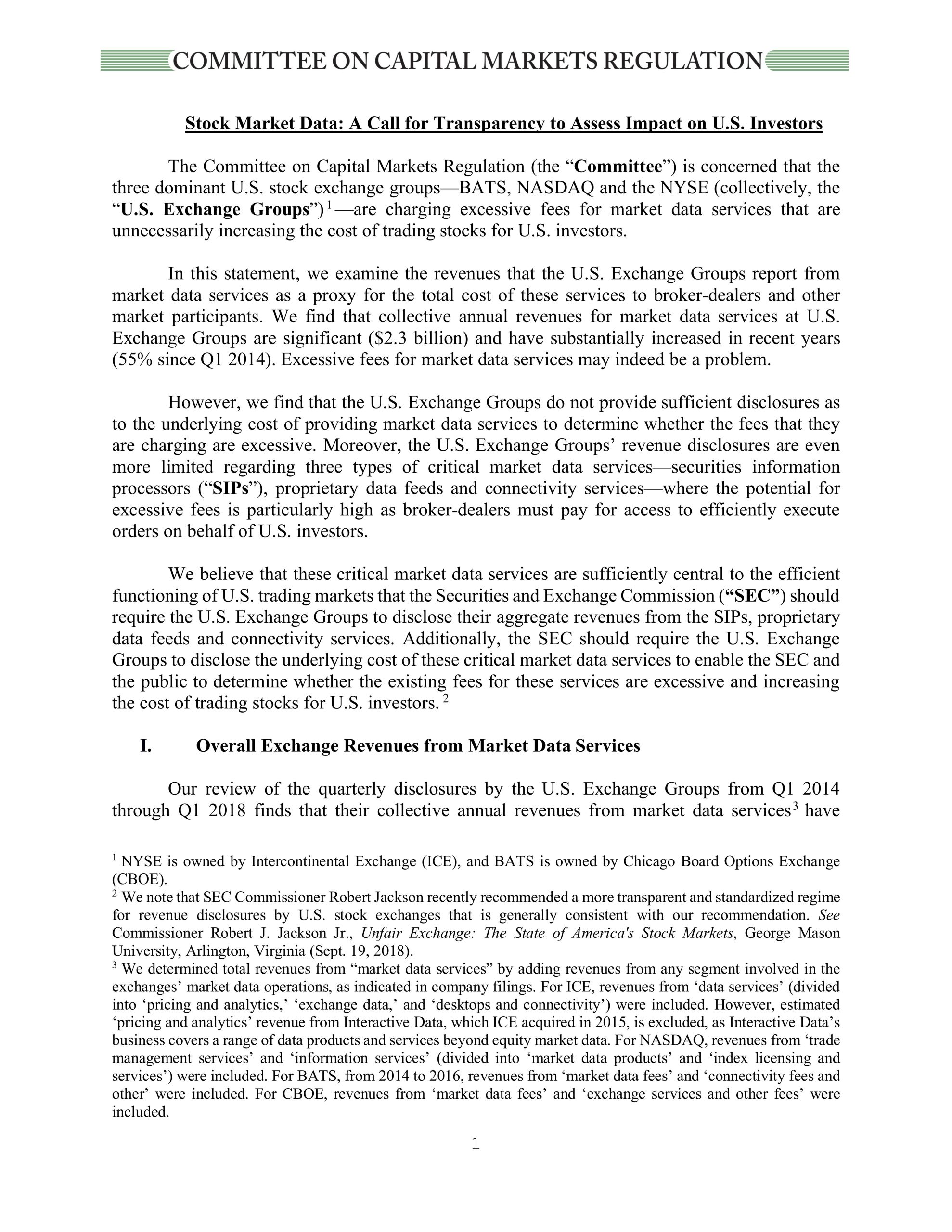 Statement on Stock Market Data: A Call for Transparency to Assess Impact on U.S. Investors