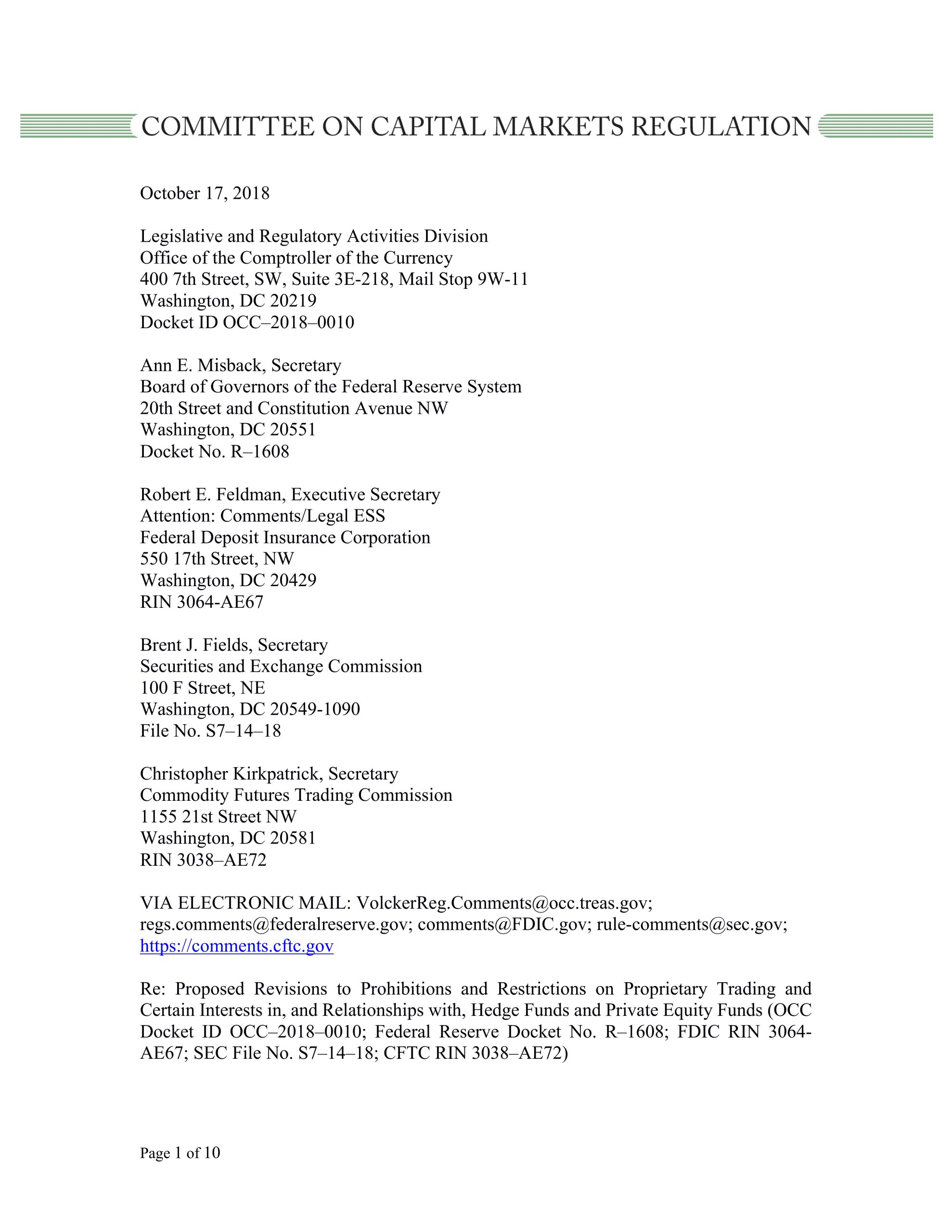 Comment Letter on Proposed Amendments to the Regulations Implementing the Volcker Rule