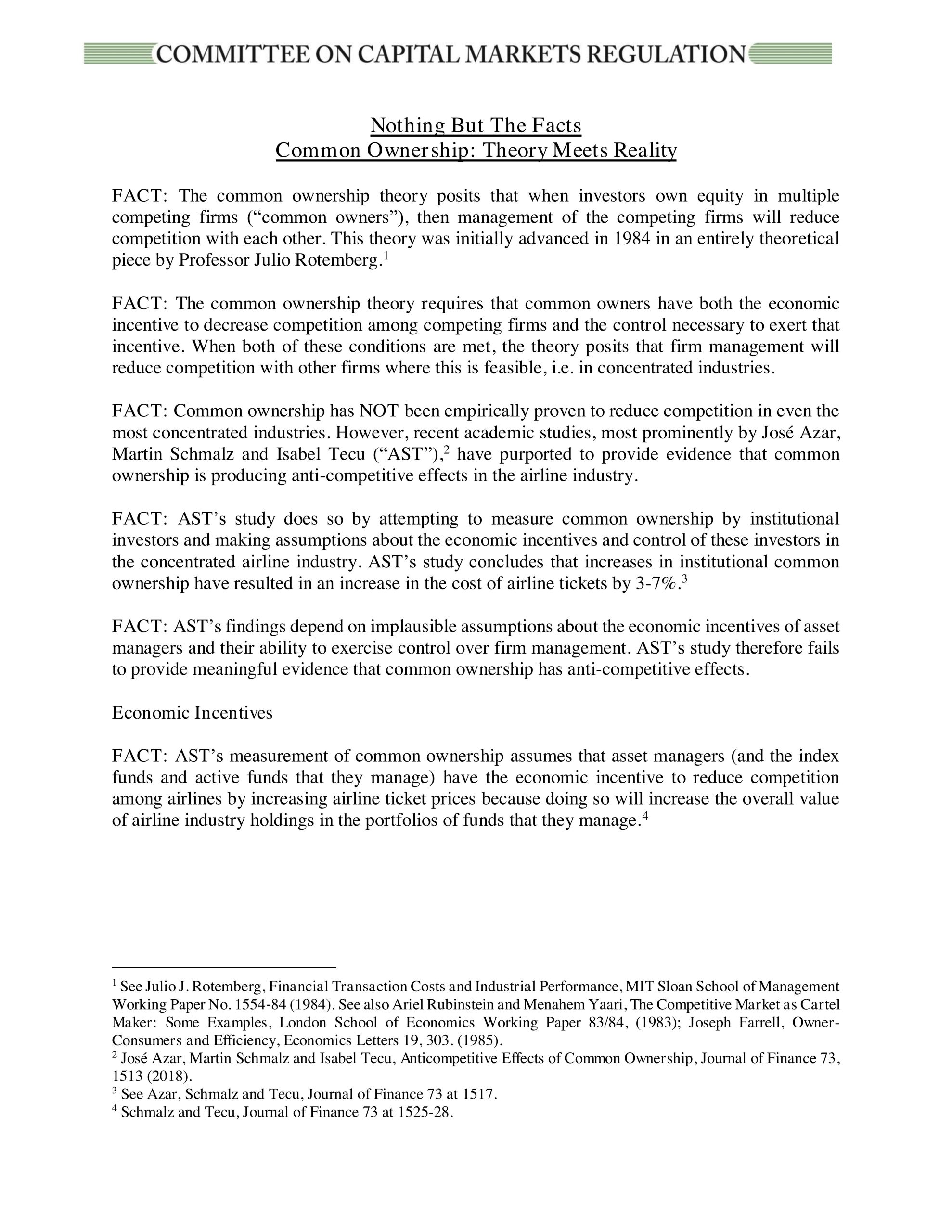 Nothing But the Facts Statement: Common Ownership – Theory Meets Reality