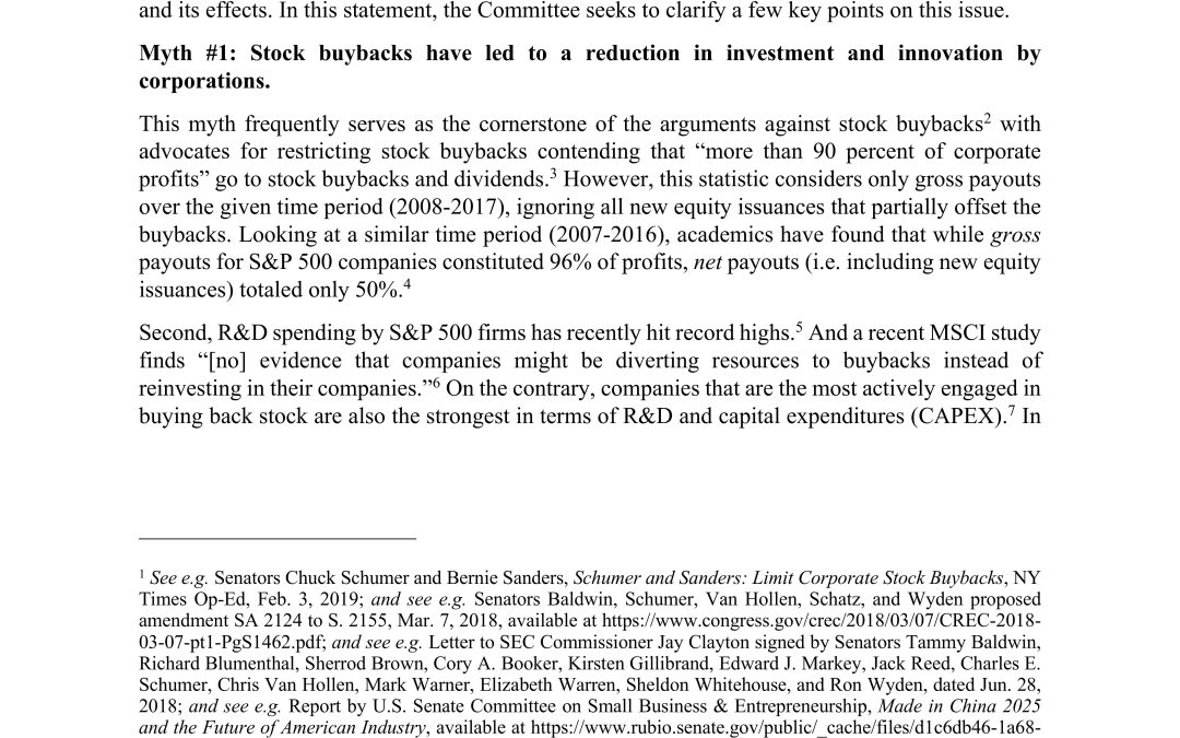 Nothing But the Facts Statement: Restricting Stock Buybacks Would Harm Capital Markets