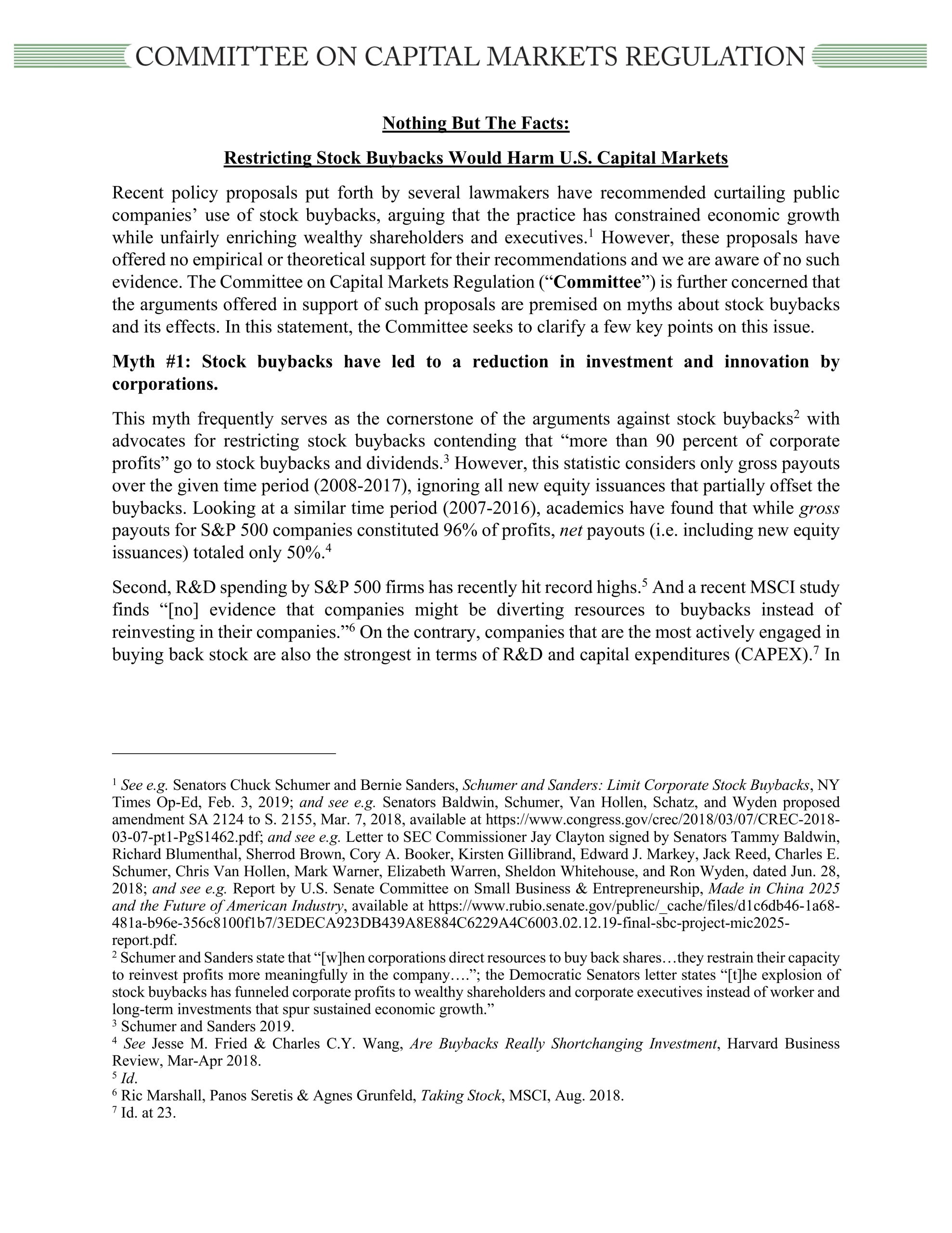 Nothing But the Facts Statement: Restricting Stock Buybacks Would Harm Capital Markets