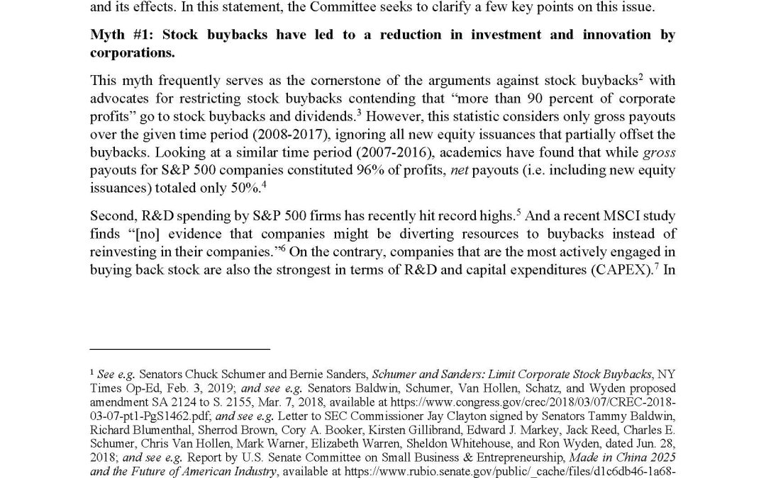 Nothing But the Facts Statement: Restricting Stock Buybacks Would Harm Capital Markets