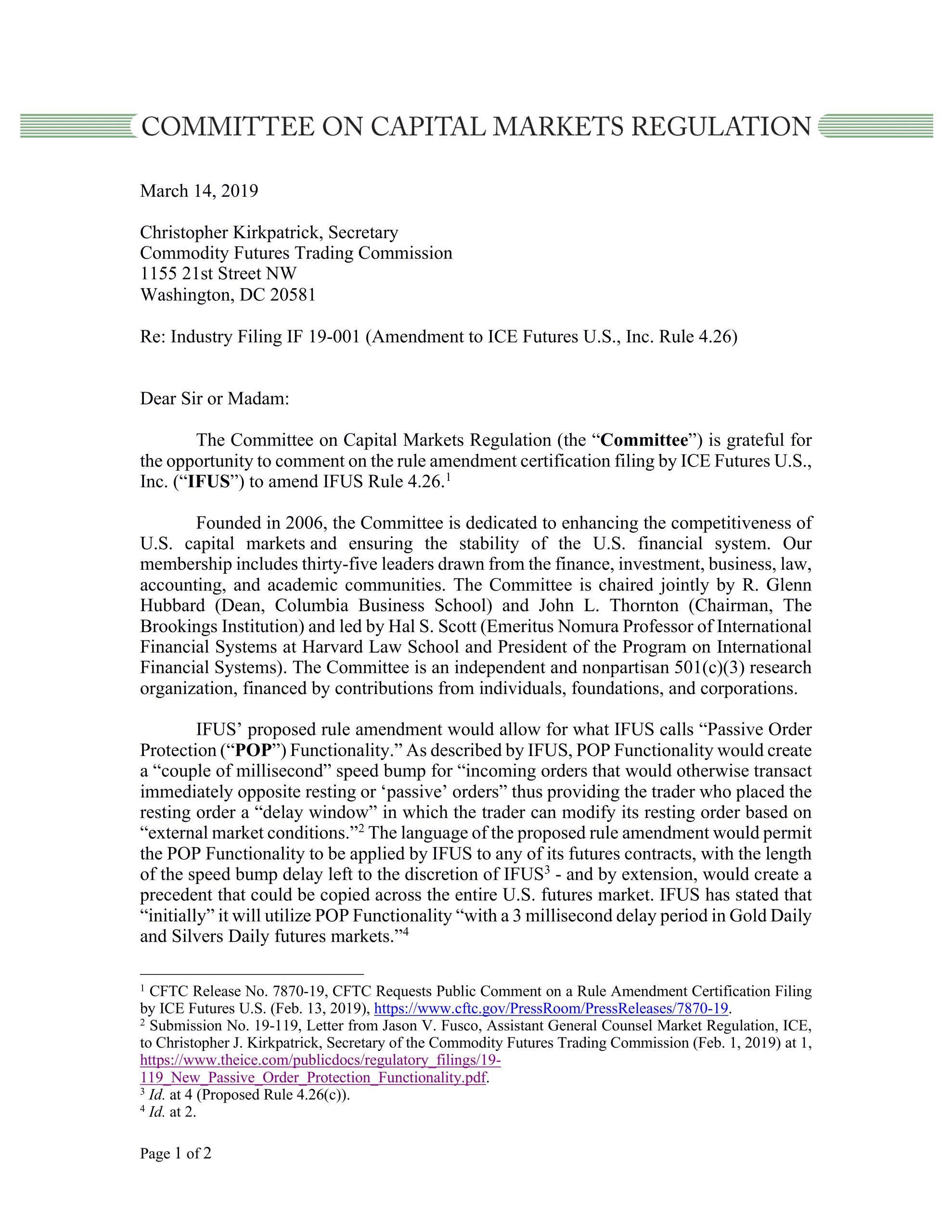 Comment Letter to the CFTC on ICE Futures U.S., Inc.’s Proposed Amendment to its Order Execution Rule