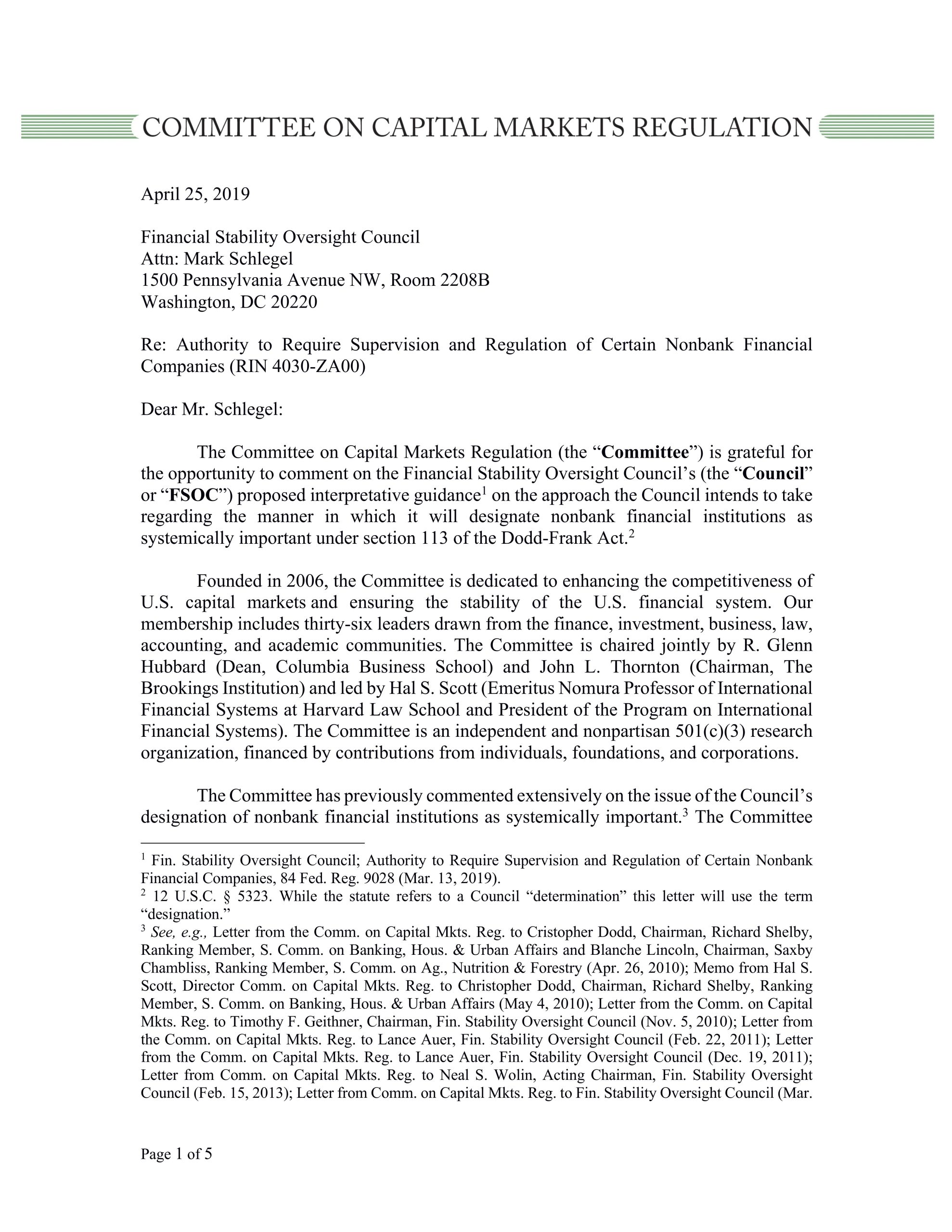 Comment Letter to the FSOC on Proposed Interpretative Guidance on the Designation Process for Nonbank Financial Companies as Systemically Important