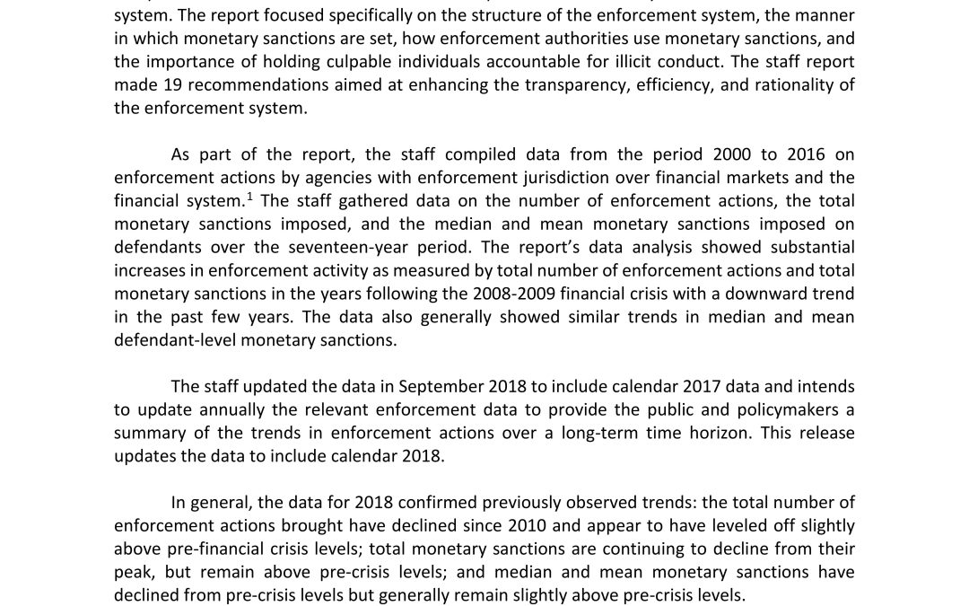Report: Update on Monetary Sanctions Imposed by U.S. Enforcement Agencies (for Calendar Year 2018)