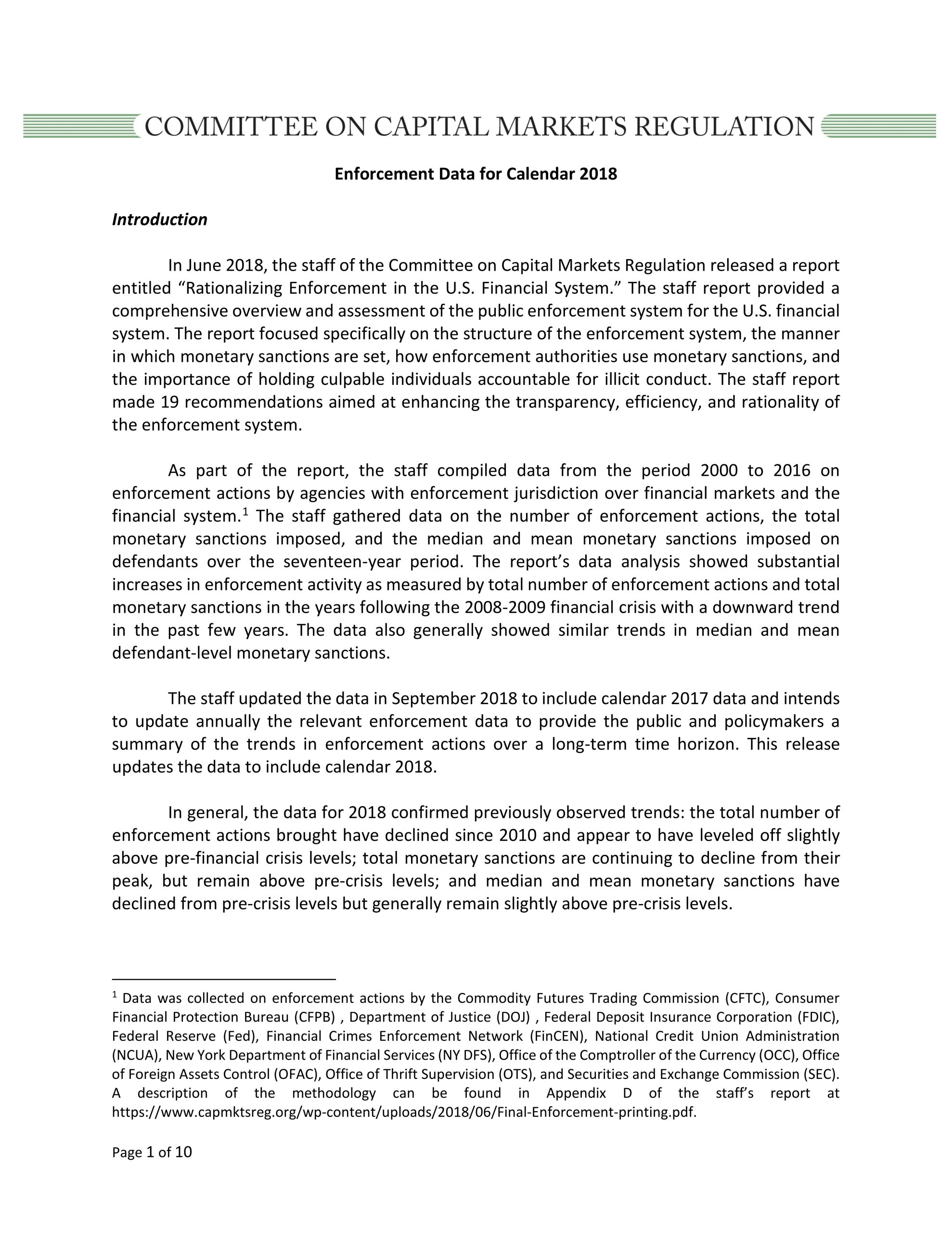 Report: Update on Monetary Sanctions Imposed by U.S. Enforcement Agencies (for Calendar Year 2018)
