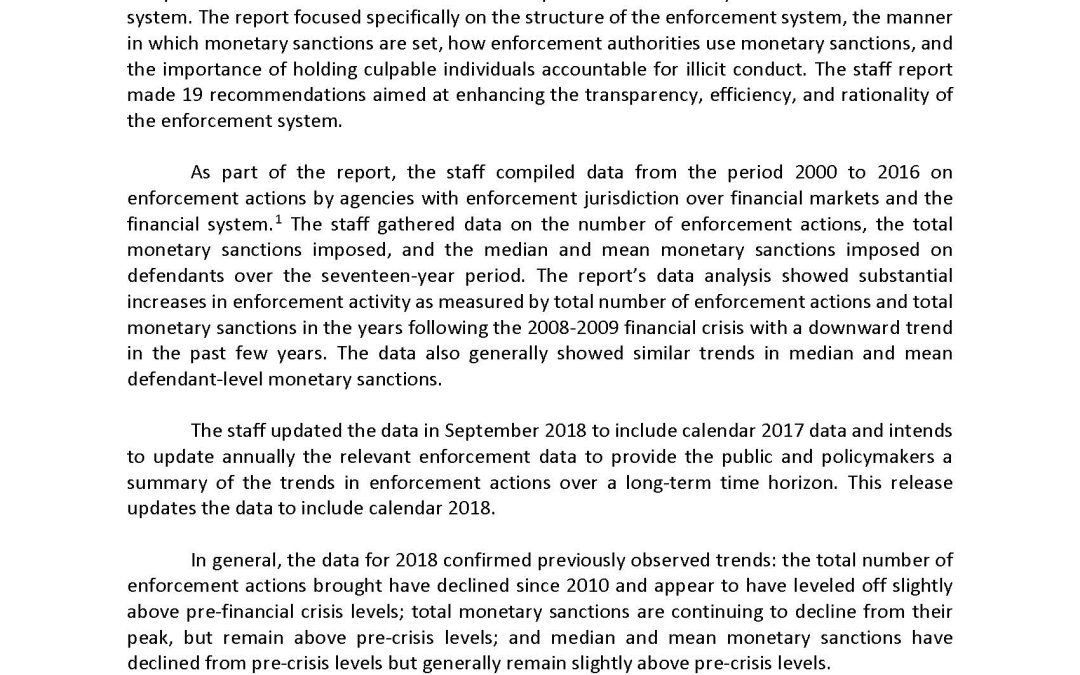 Report: Update on Monetary Sanctions Imposed by U.S. Enforcement Agencies (for Calendar Year 2018)