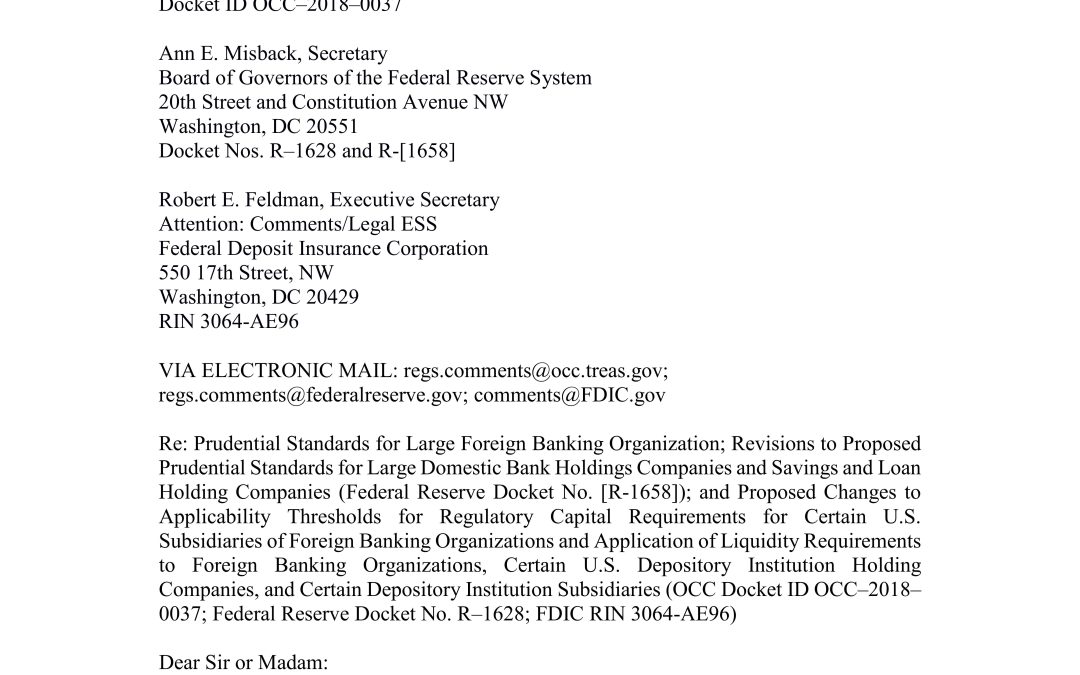 Comment Letter to U.S. Banking Regulators Pertaining to Proposals for U.S. Operations of Foreign Banking Organizations