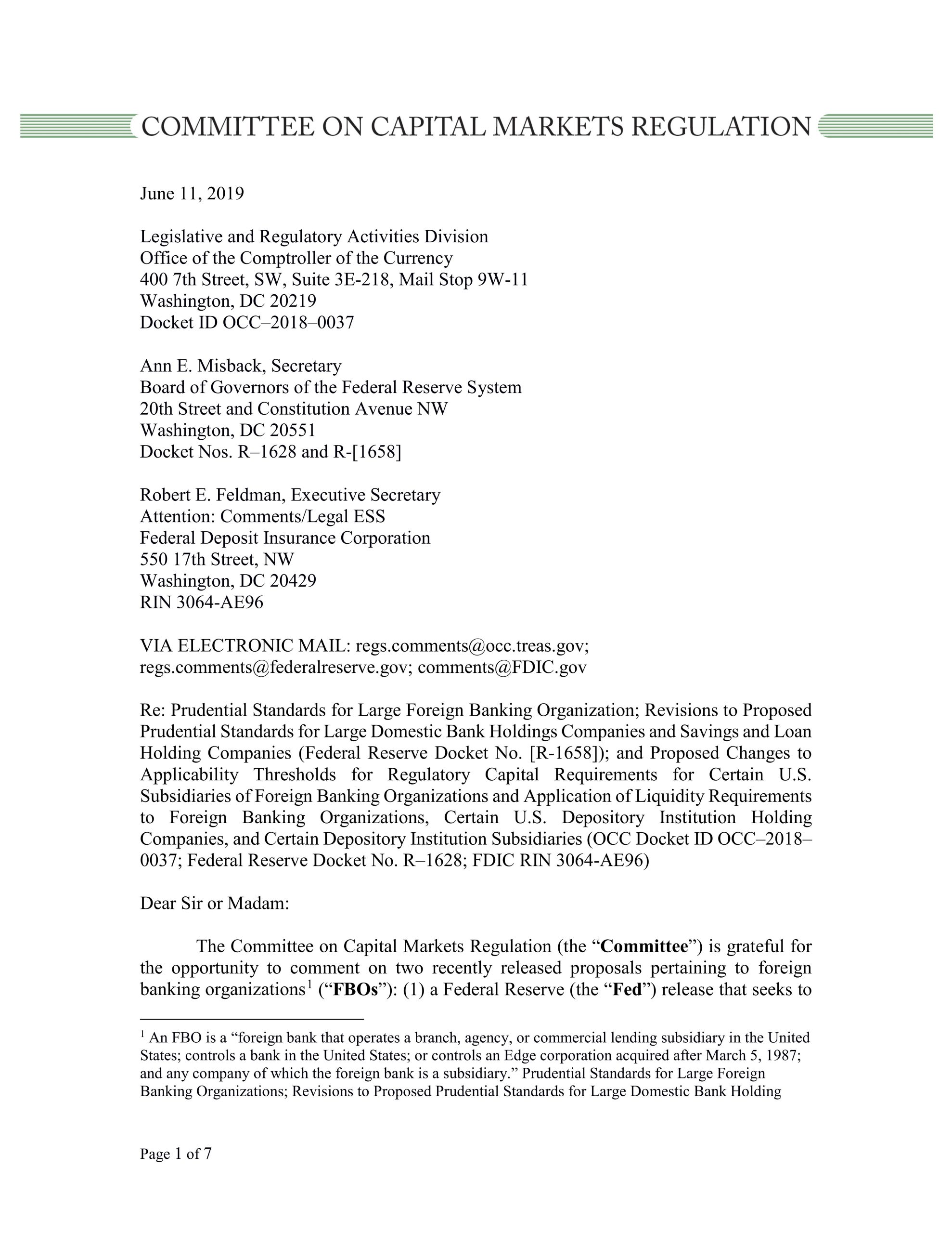 Comment Letter to U.S. Banking Regulators Pertaining to Proposals for U.S. Operations of Foreign Banking Organizations