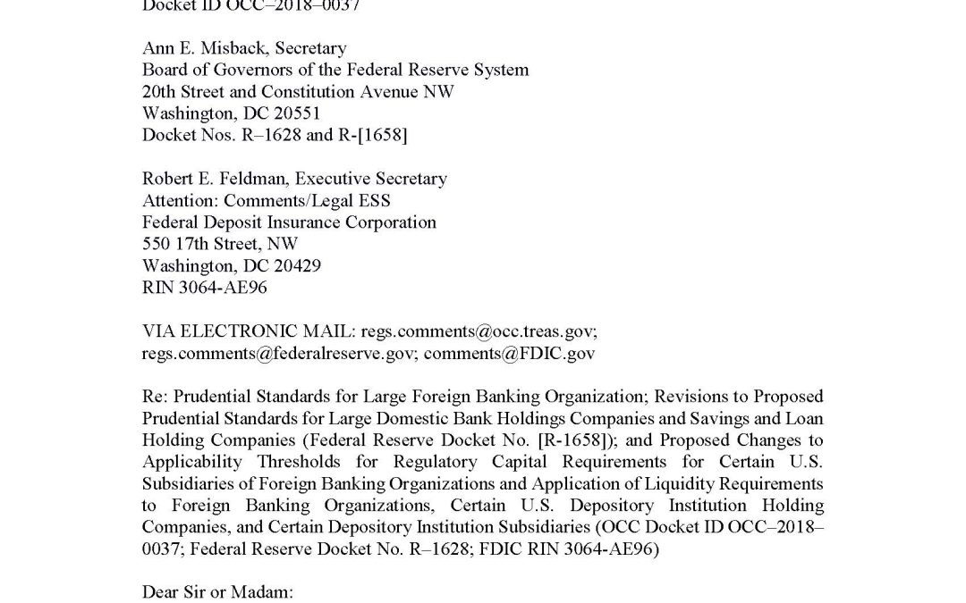 Comment Letter to U.S. Banking Regulators Pertaining to Proposals for U.S. Operations of Foreign Banking Organizations