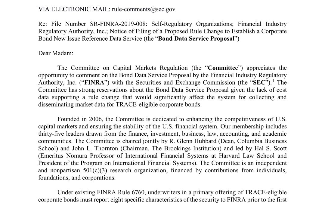 Comment Letter to SEC Regarding the Proposed Rule Change to Establish a Corporate Bond New Issue Reference Data Service