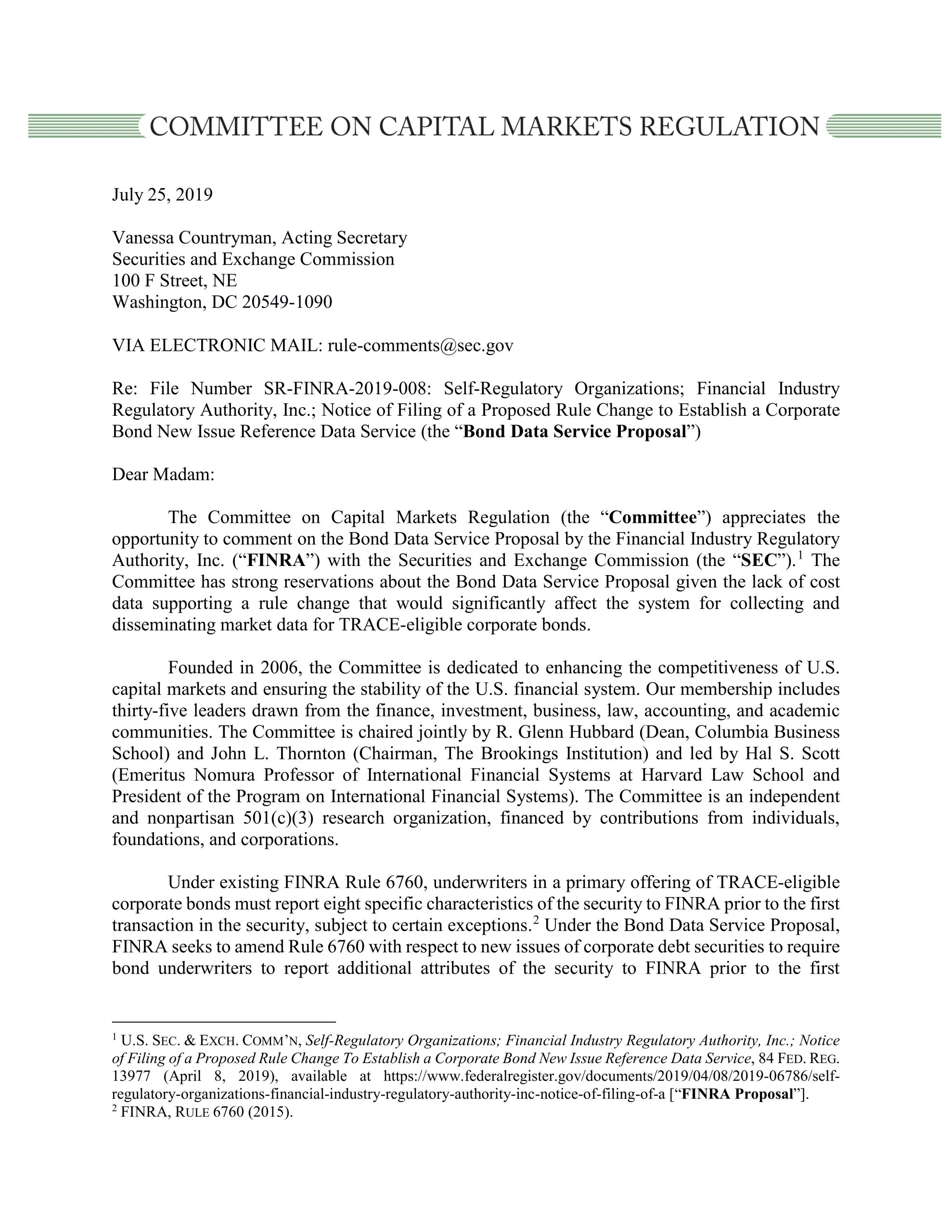 Comment Letter to SEC Regarding the Proposed Rule Change to Establish a Corporate Bond New Issue Reference Data Service