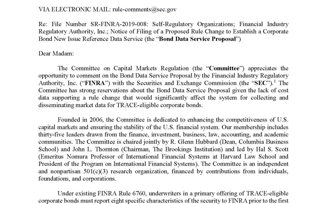 Comment Letter to SEC Regarding the Proposed Rule Change to Establish a Corporate Bond New Issue Reference Data Service