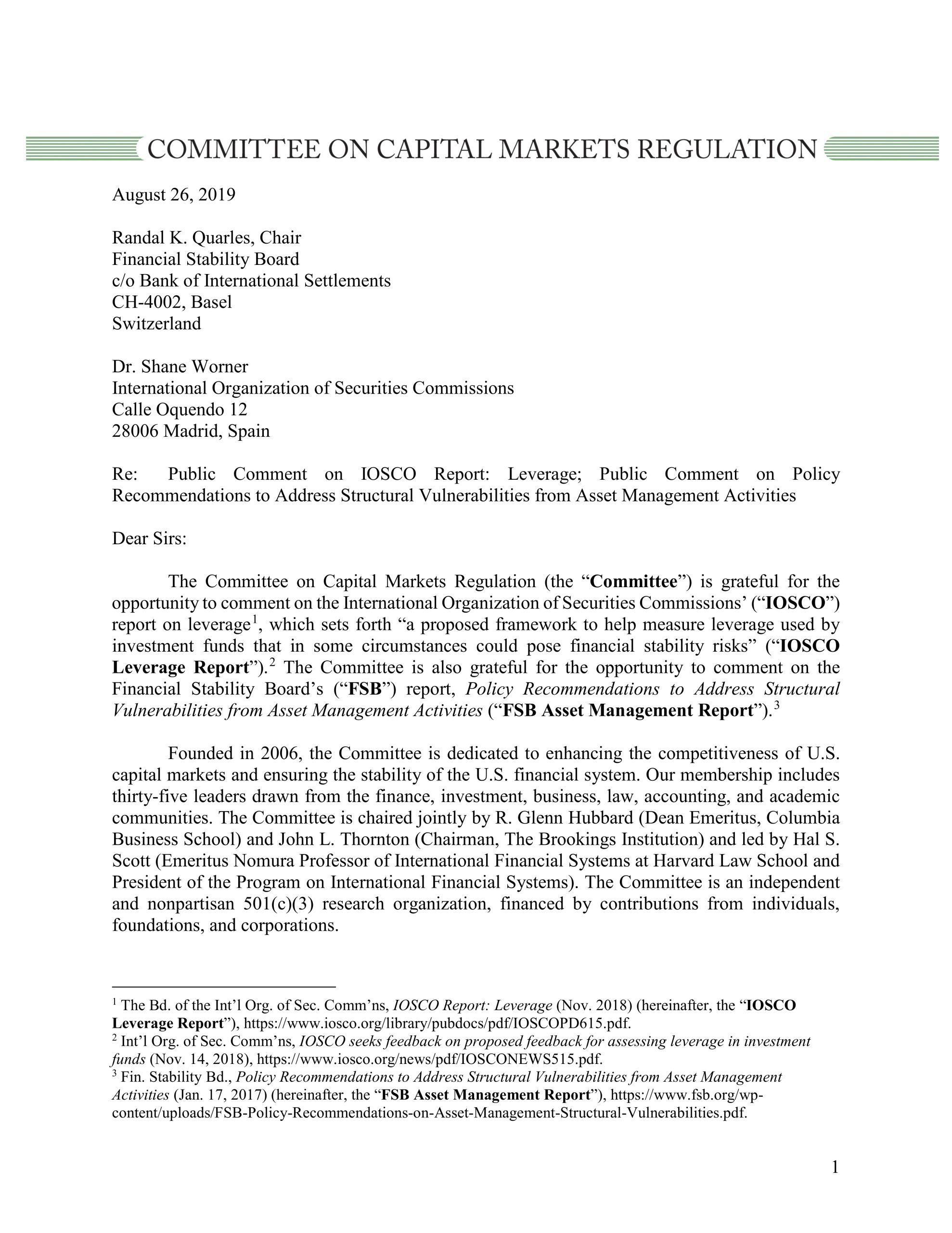 Comment Letter to IOSCO and the FSB Regarding IOSCO’s Leverage Report