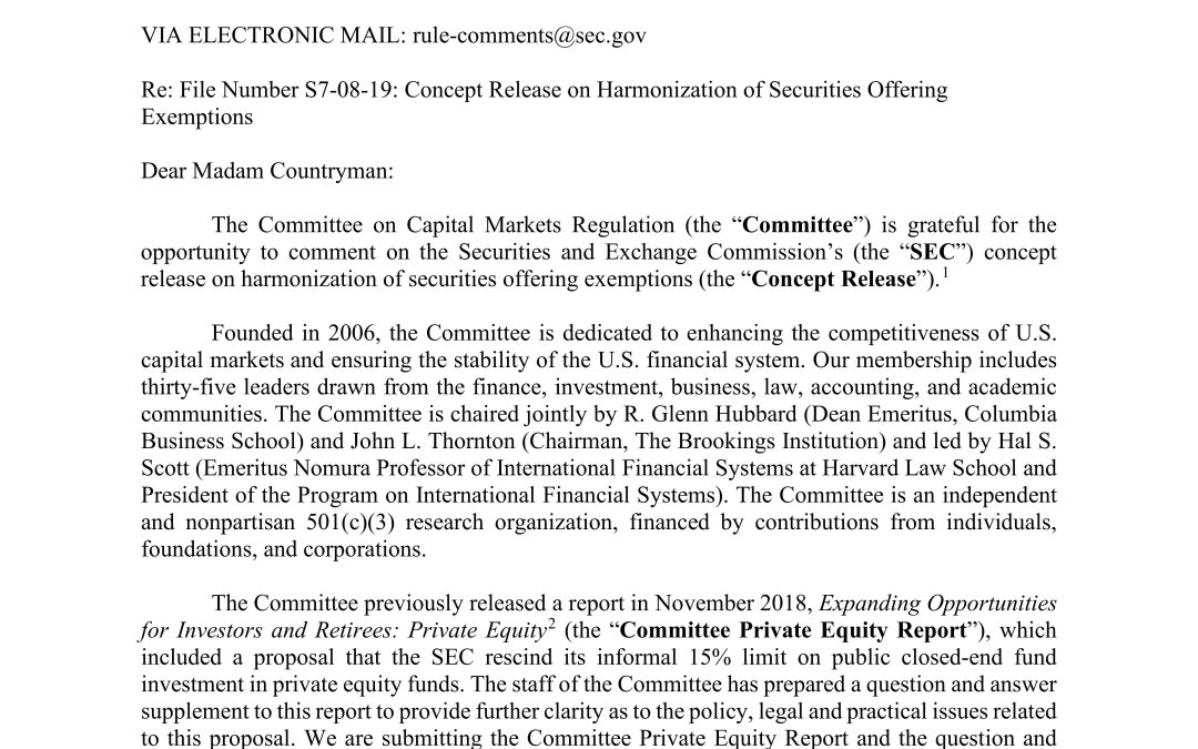Comment Letter to SEC Regarding the Concept Release on Harmonization of Securities Offering Exemptions