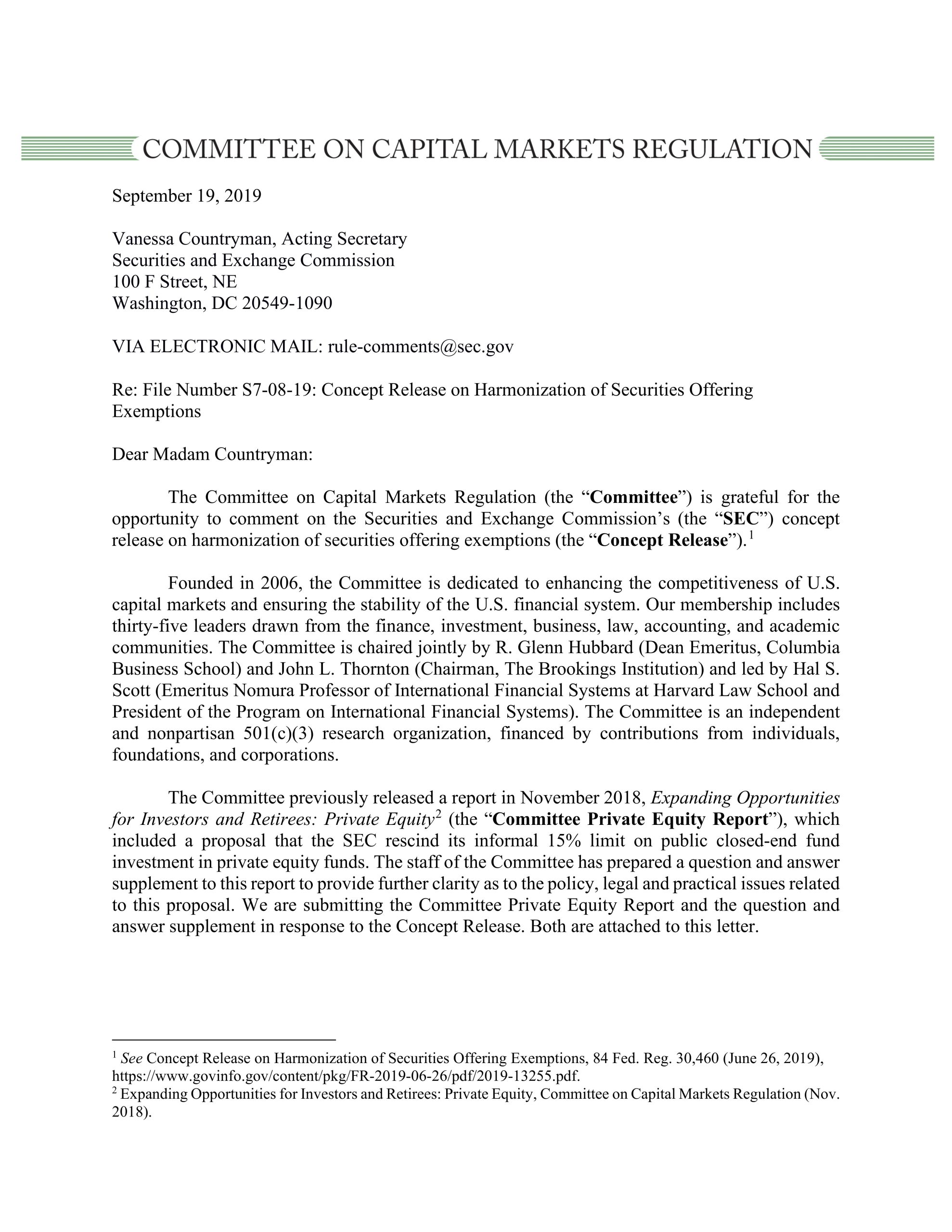 Comment Letter to SEC Regarding the Concept Release on Harmonization of Securities Offering Exemptions