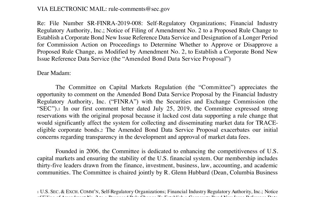 Second Comment Letter to SEC Regarding FINRA’s Amended Proposal to Establish a Corporate Bond Data Service