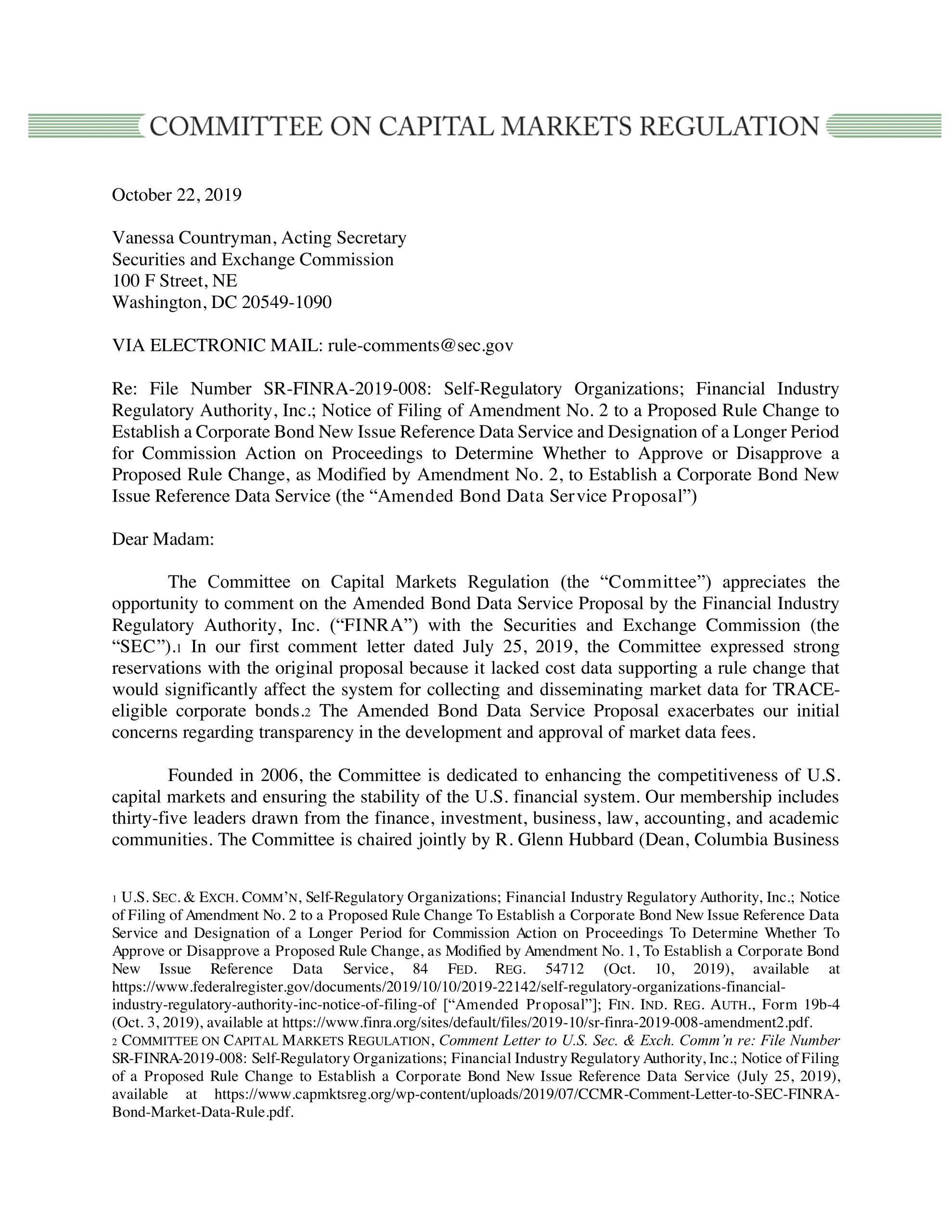 Second Comment Letter to SEC Regarding FINRA’s Amended Proposal to Establish a Corporate Bond Data Service