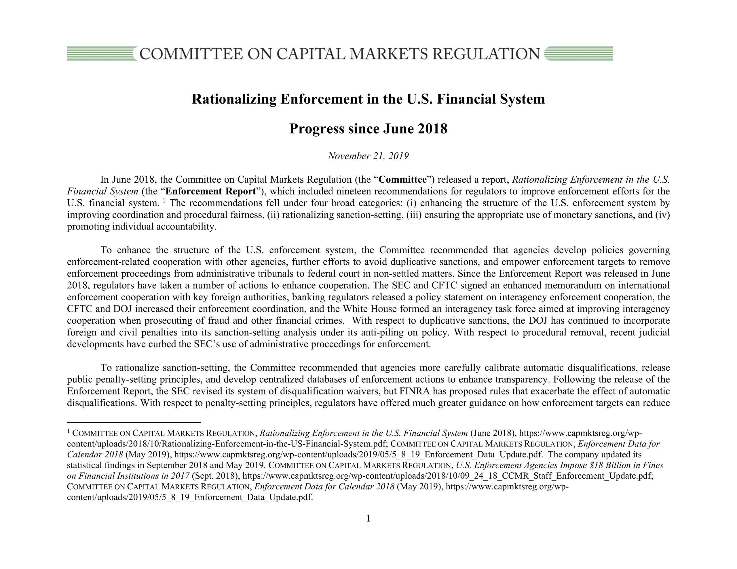 Report: Progress Update on Rationalizing Enforcement in the U.S. Financial System