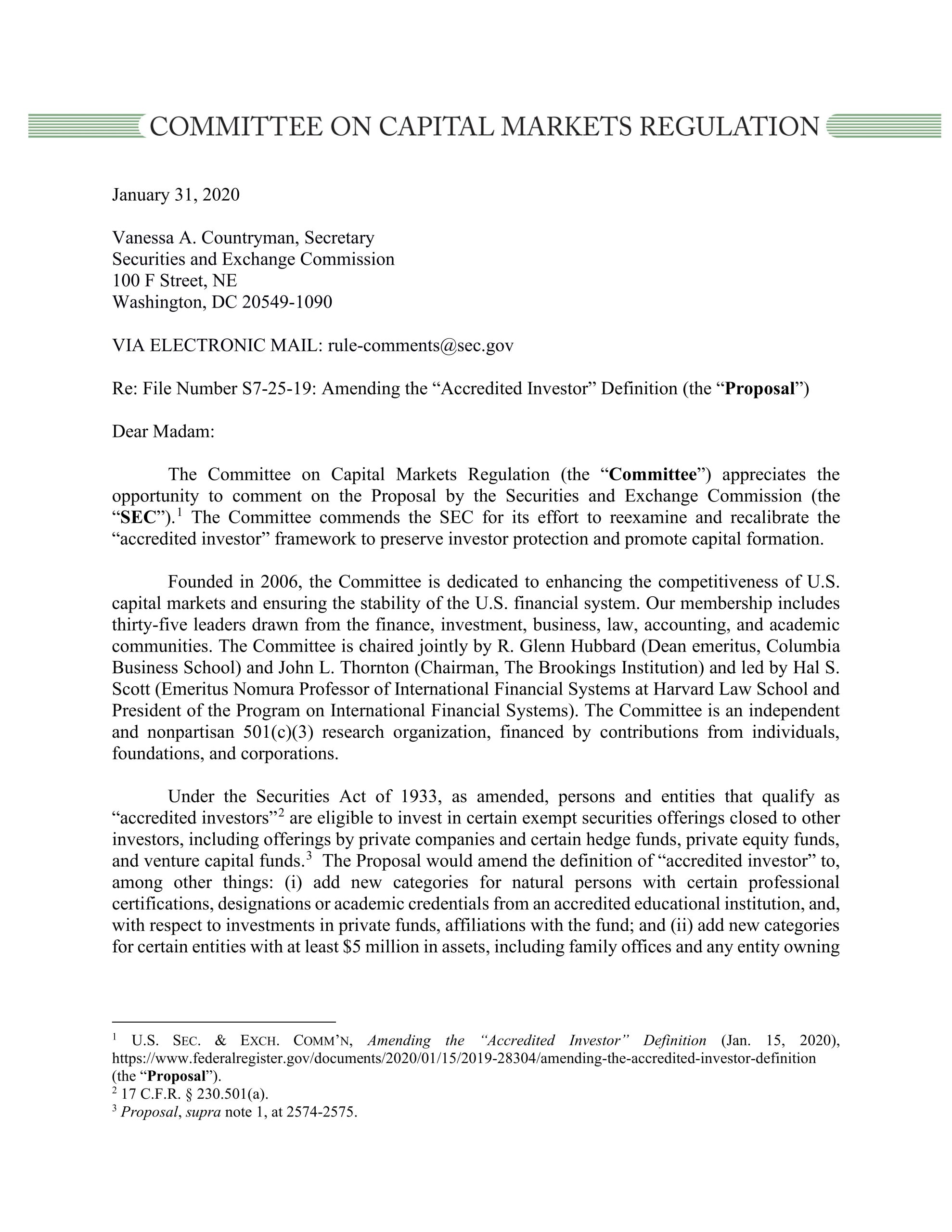 Comment Letter to SEC Regarding the Proposed Rule Amending the “Accredited Investor” Definition