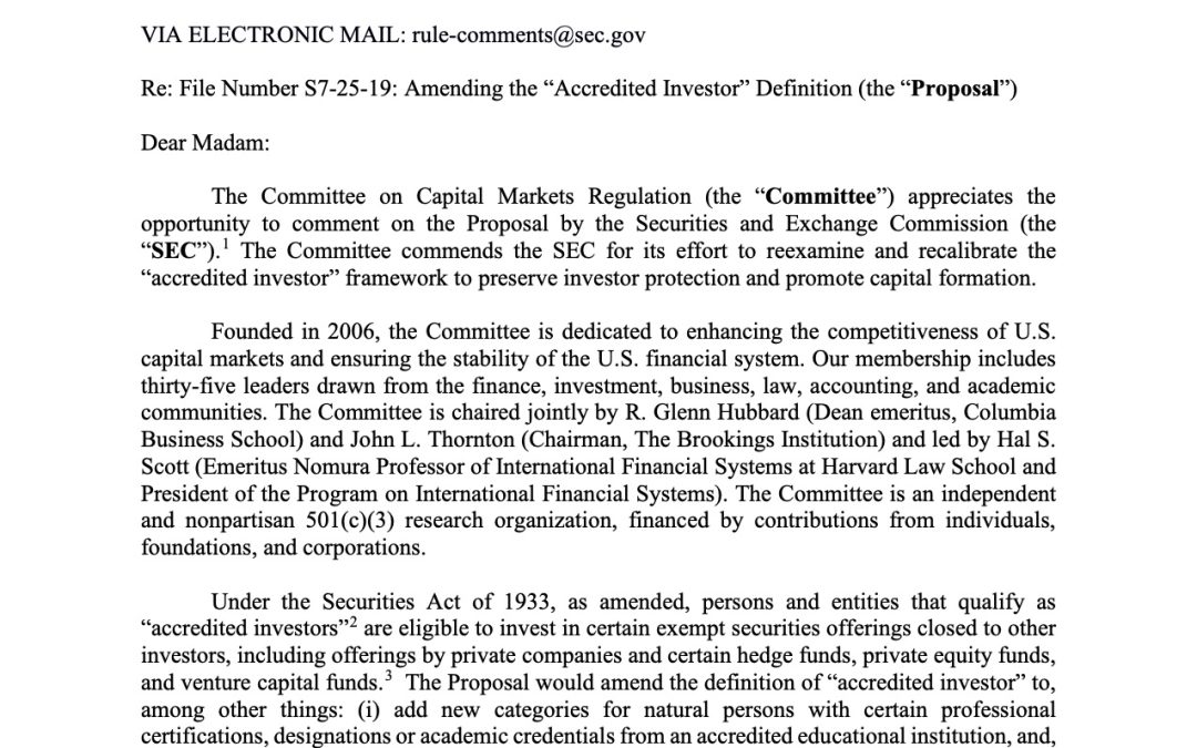 Comment Letter to SEC Regarding the Proposed Rule Amending the “Accredited Investor” Definition