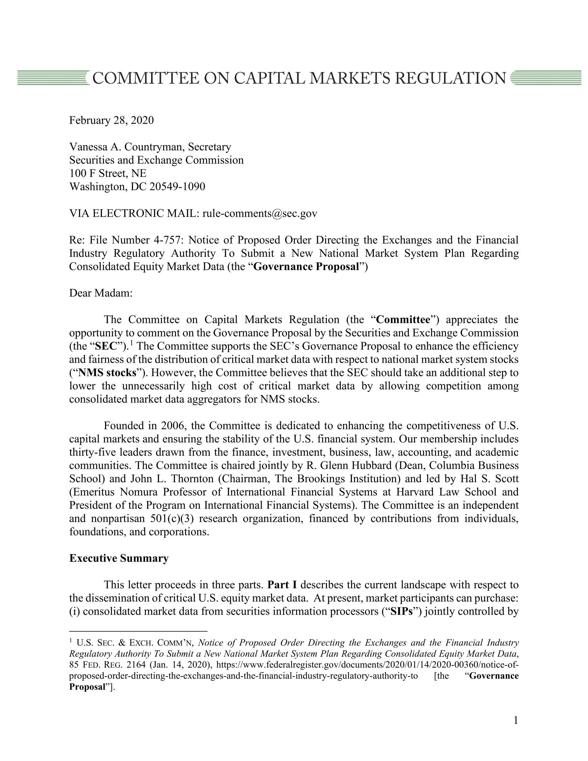 Comment Letter on SEC’s Proposed Order Directing Self-Regulatory Organizations to Submit a New National Market System Plan for Equity Market Data