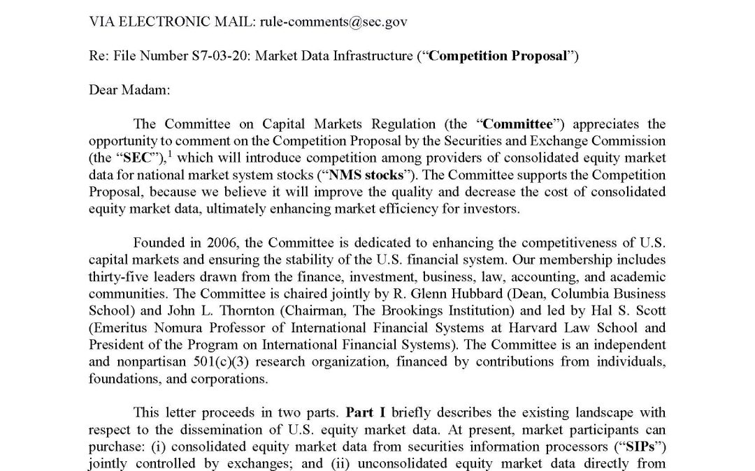 Comment Letter on SEC’s Market Data Infrastructure Proposal