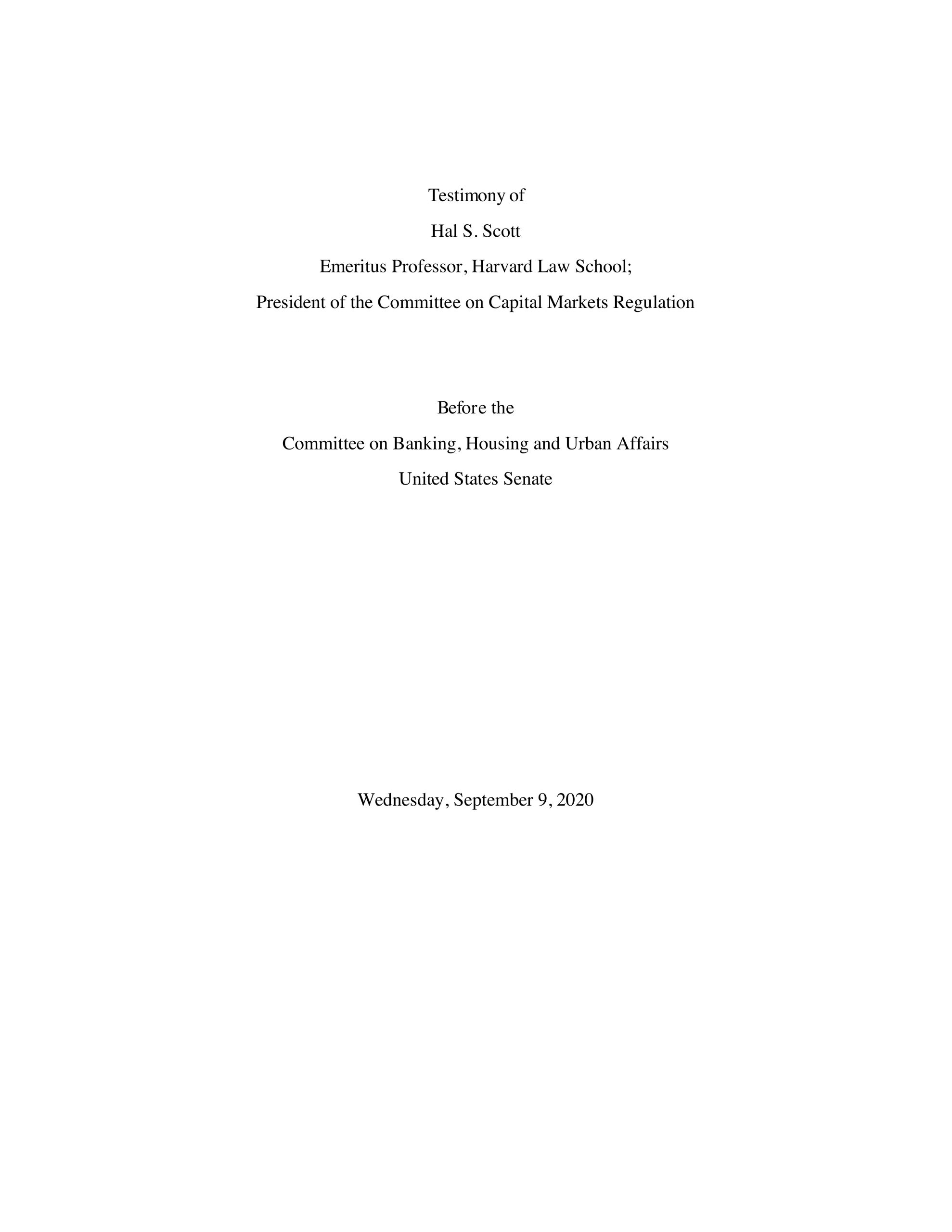 Hal S. Scott Testifies Before the Senate Banking Committee on the Treasury/Federal Reserve Main Street Lending Program