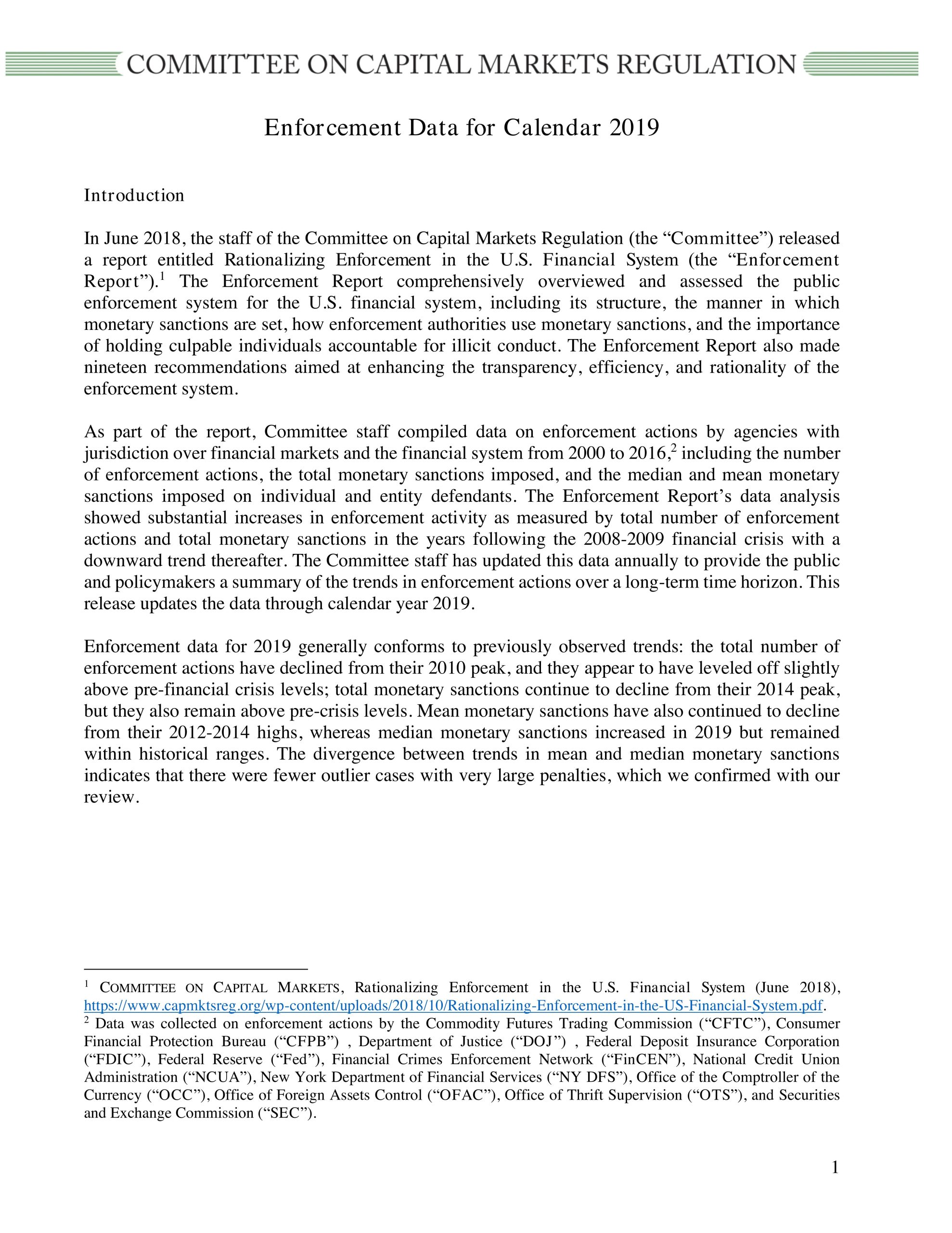 Report: Update on Monetary Sanctions Imposed by U.S. Enforcement Agencies (for Calendar Year 2019)