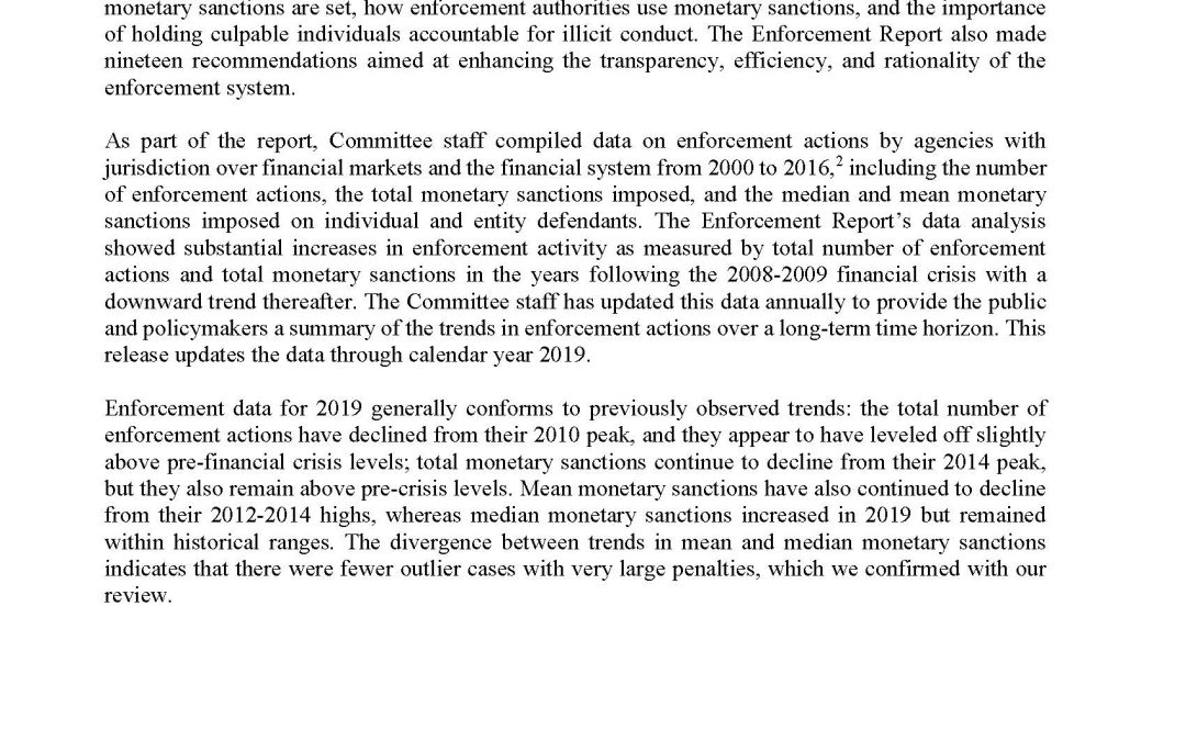 Report: Update on Monetary Sanctions Imposed by U.S. Enforcement Agencies (for Calendar Year 2019)