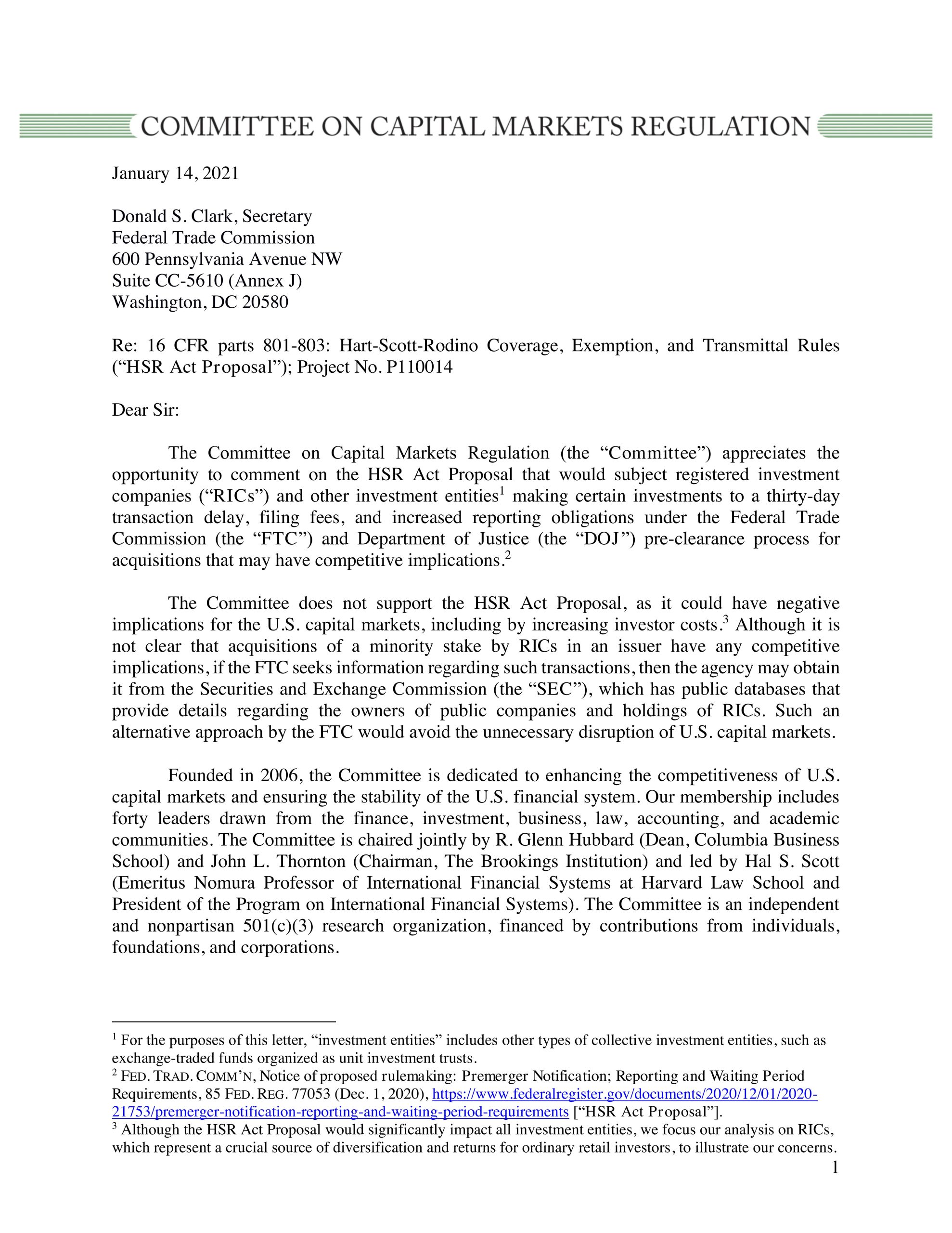 Comment Letter on FTC’s Premerger Notification Proposal