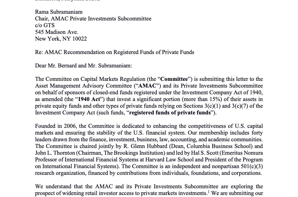 Comment Letter to AMAC on Retail Investor Access to Registered Funds of Private Equity Funds