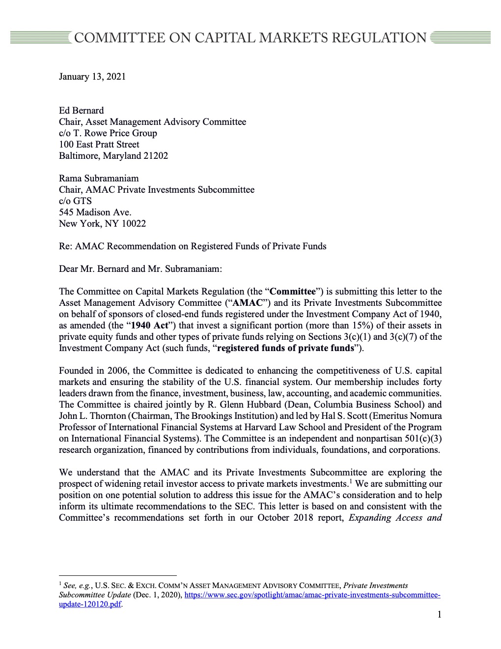 Comment Letter to AMAC on Retail Investor Access to Registered Funds of Private Equity Funds