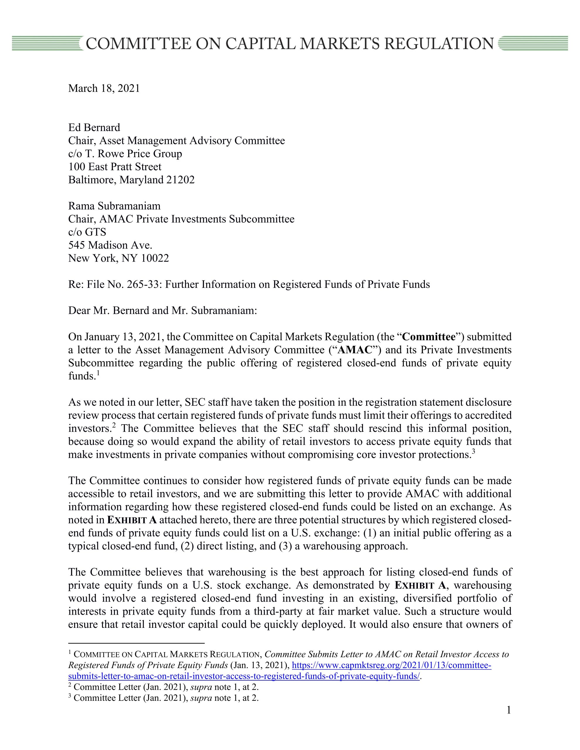 Letter to AMAC on Retail Access to PE: Warehousing