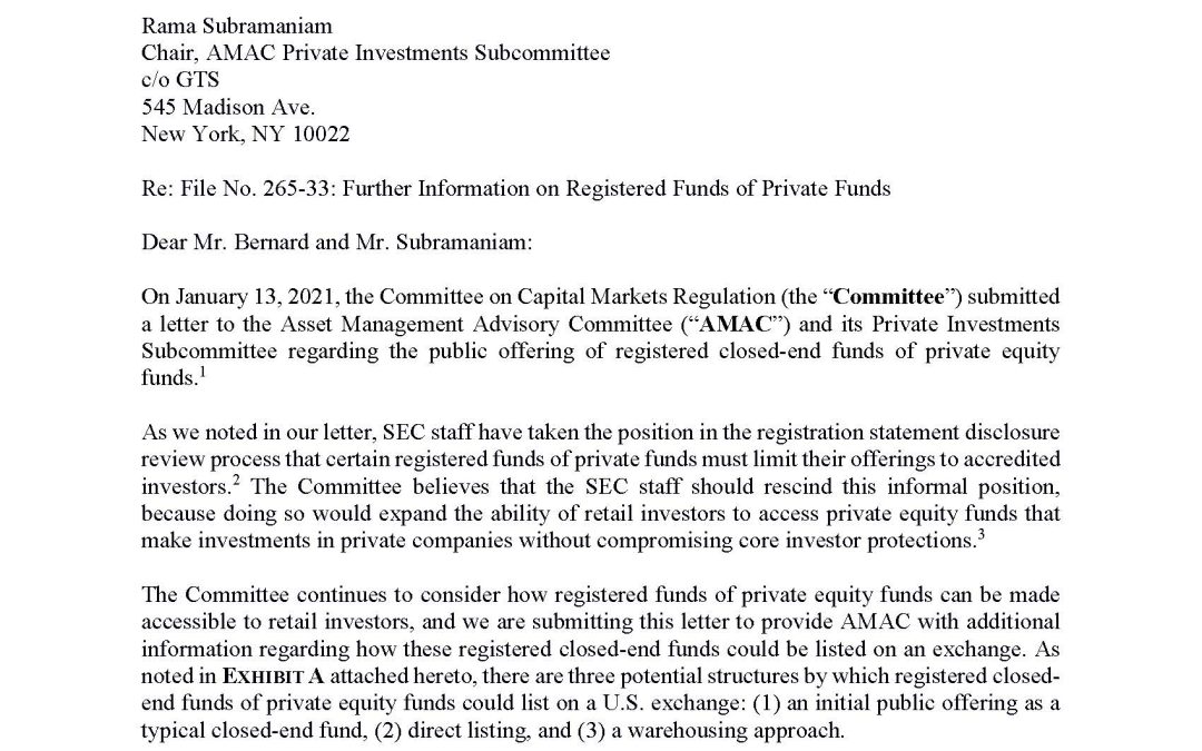 Letter to AMAC on Retail Access to PE: Warehousing