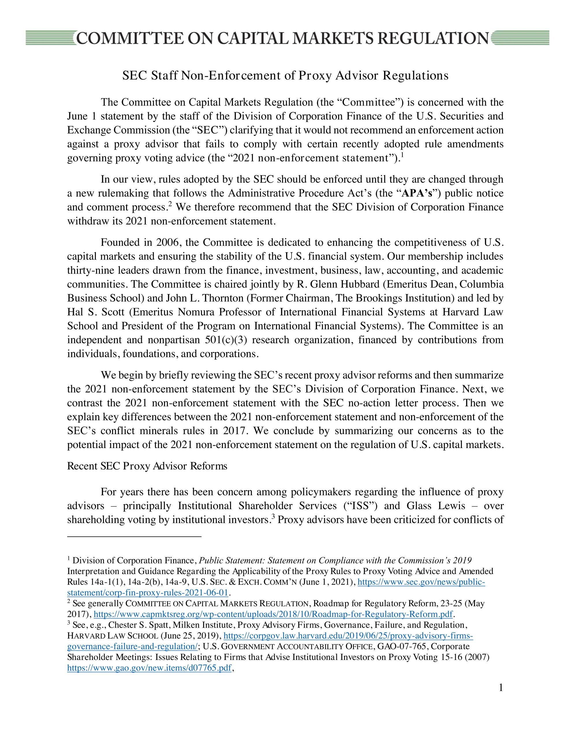 SEC Staff Non-Enforcement of Proxy Advisor Regulations