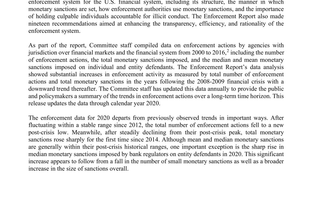 Report: Update on Monetary Sanctions Imposed by U.S. Enforcement Agencies (for Calendar Year 2020)