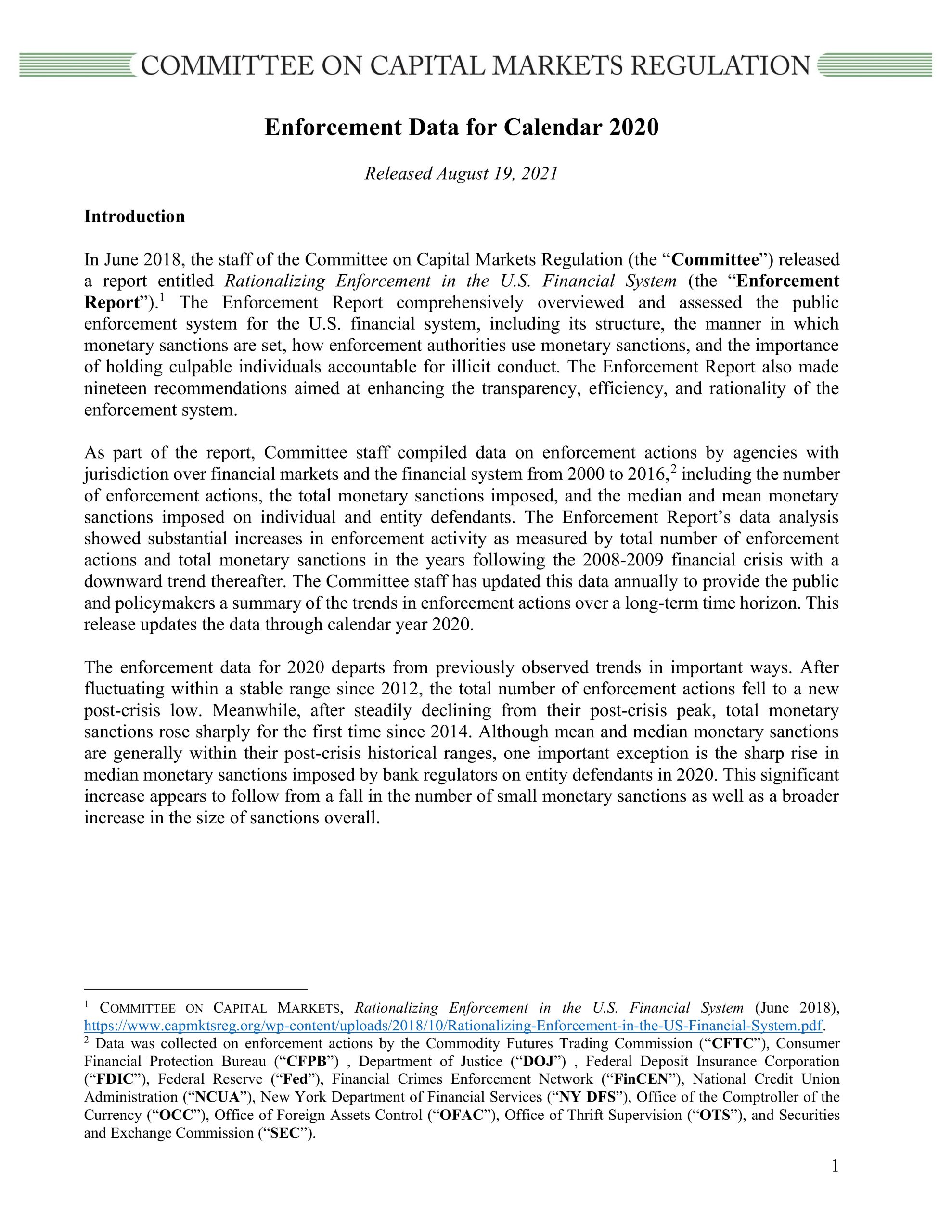 Report: Update on Monetary Sanctions Imposed by U.S. Enforcement Agencies (for Calendar Year 2020)
