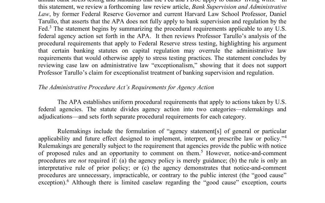 Statement on the Administrative Procedure Act and Banking Supervision