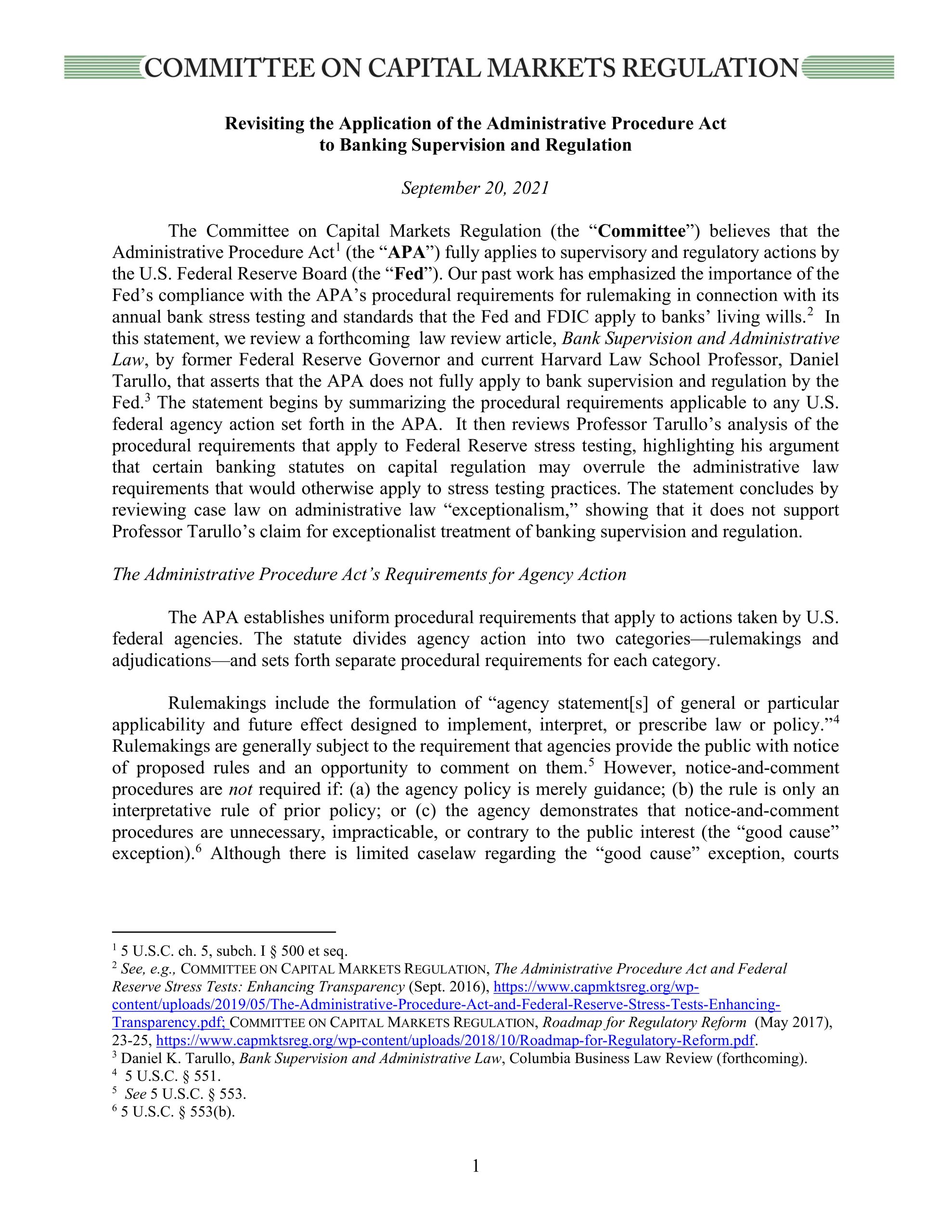 Statement on the Administrative Procedure Act and Banking Supervision